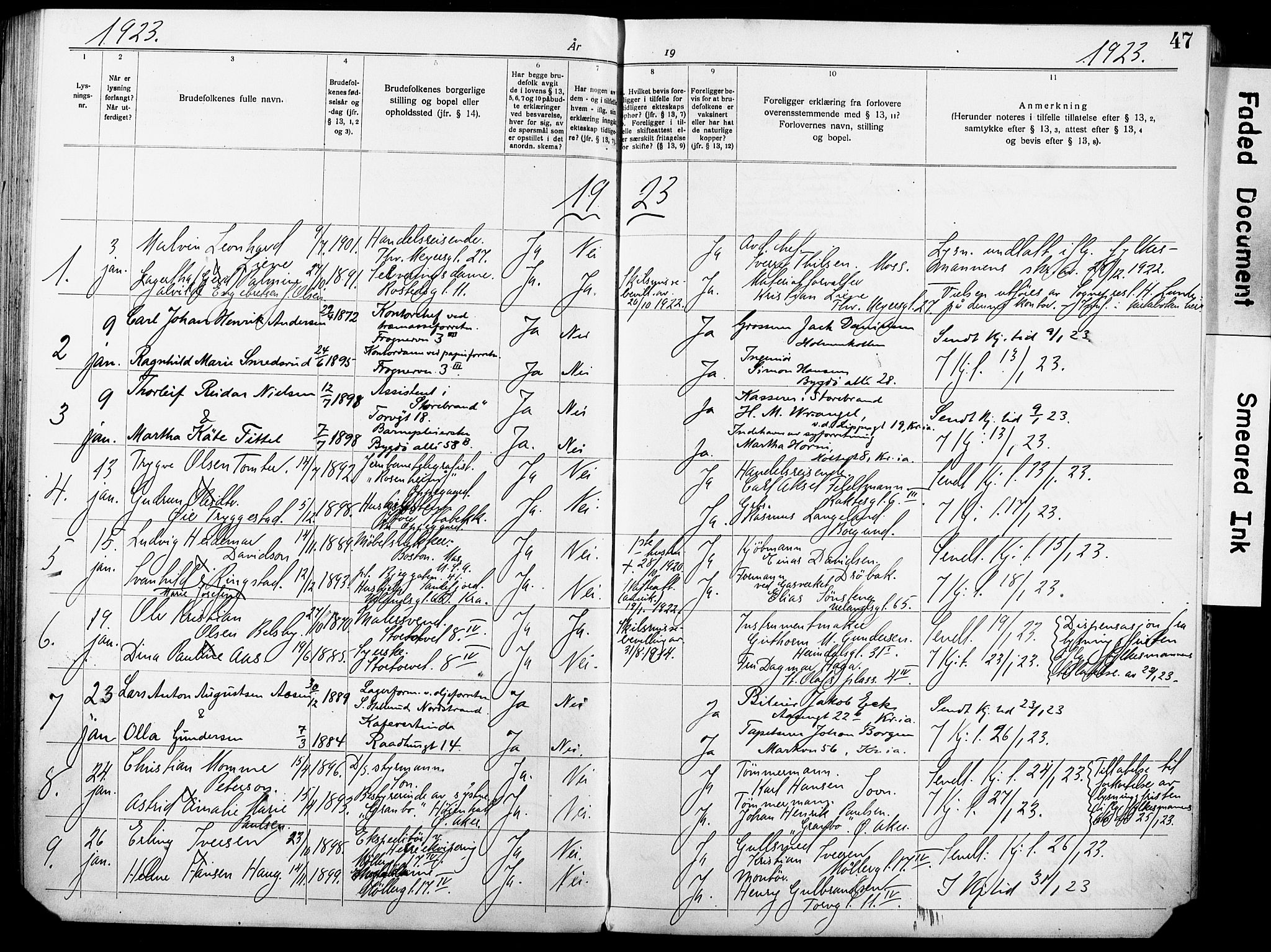 Oslo domkirke Kirkebøker, SAO/A-10752/H/Ha/L0006: Banns register no. 6, 1919-1928, p. 47