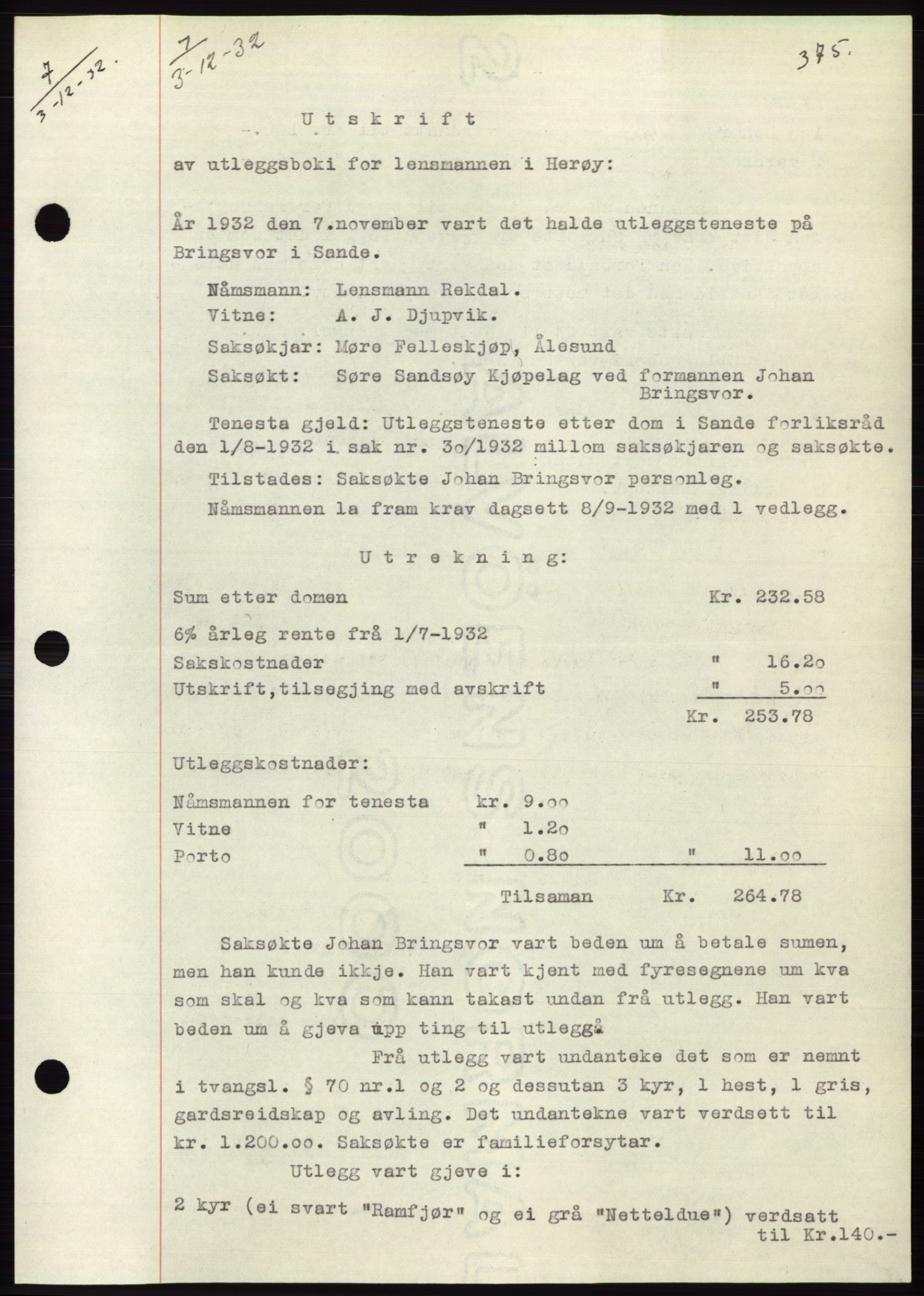 Søre Sunnmøre sorenskriveri, AV/SAT-A-4122/1/2/2C/L0054: Mortgage book no. 48, 1932-1933, Deed date: 03.12.1932