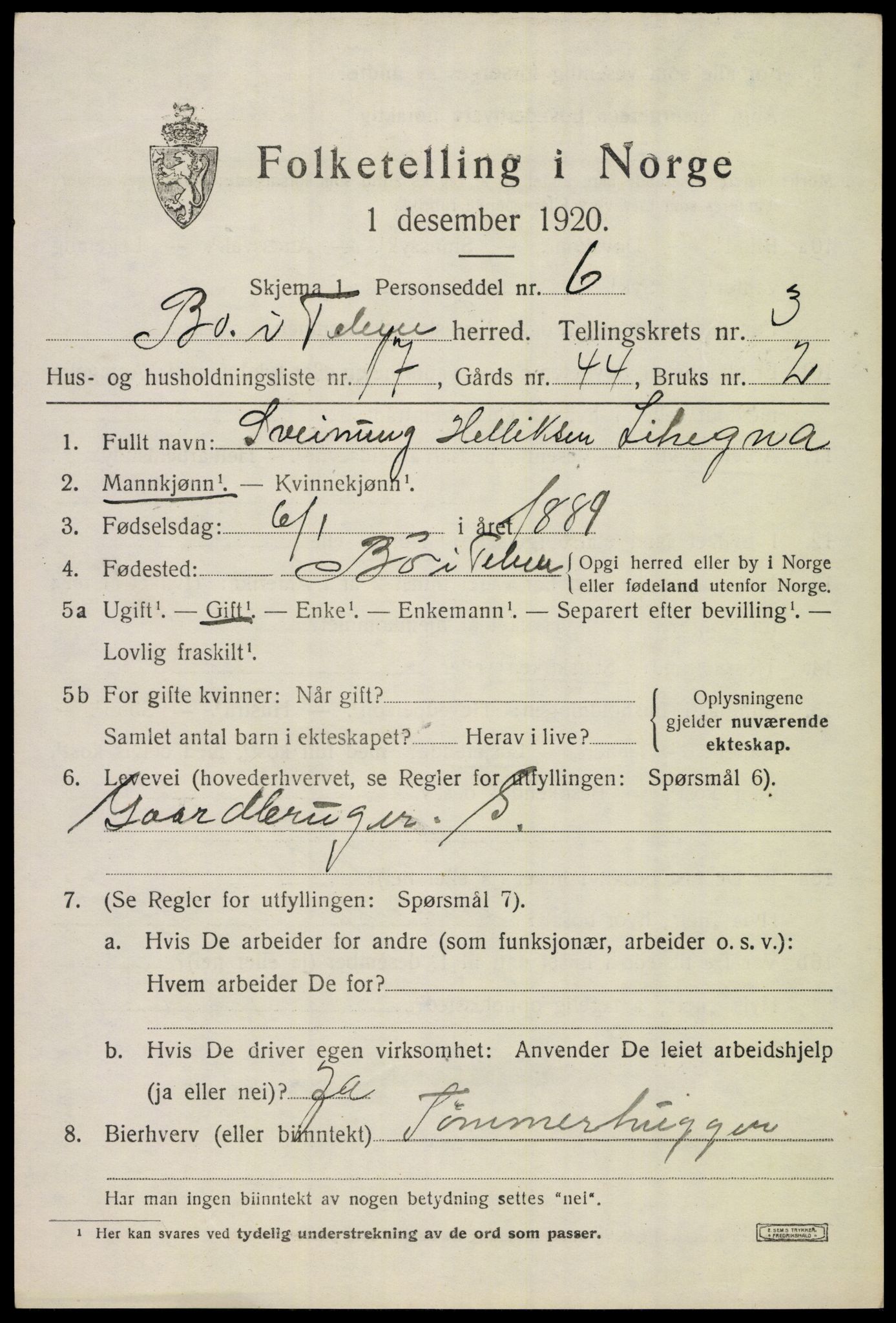 SAKO, 1920 census for Bø (Telemark), 1920, p. 2842