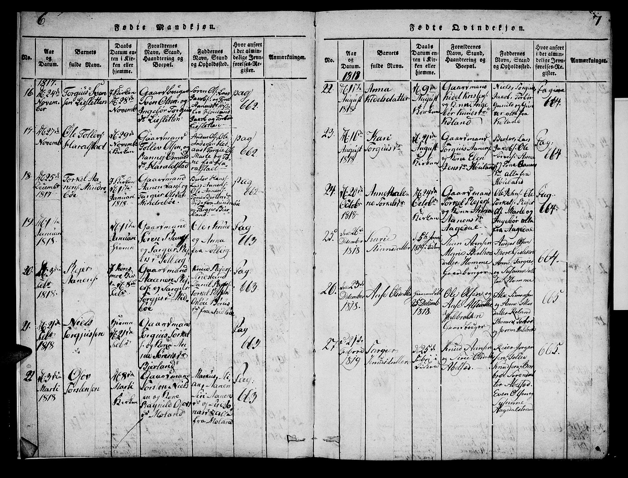 Bjelland sokneprestkontor, SAK/1111-0005/F/Fa/Faa/L0002: Parish register (official) no. A 2, 1816-1866, p. 6-7