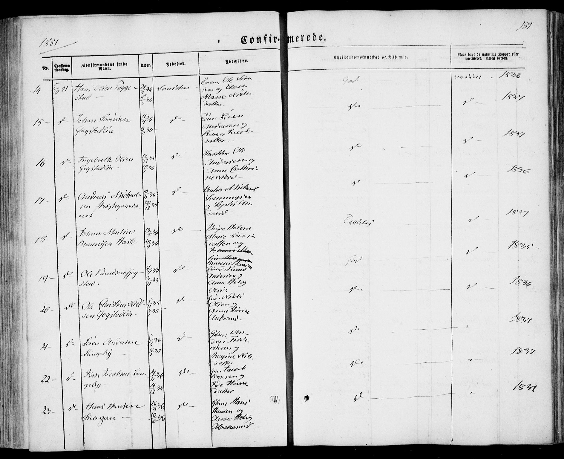 Sandar kirkebøker, AV/SAKO-A-243/F/Fa/L0006: Parish register (official) no. 6, 1847-1860, p. 181