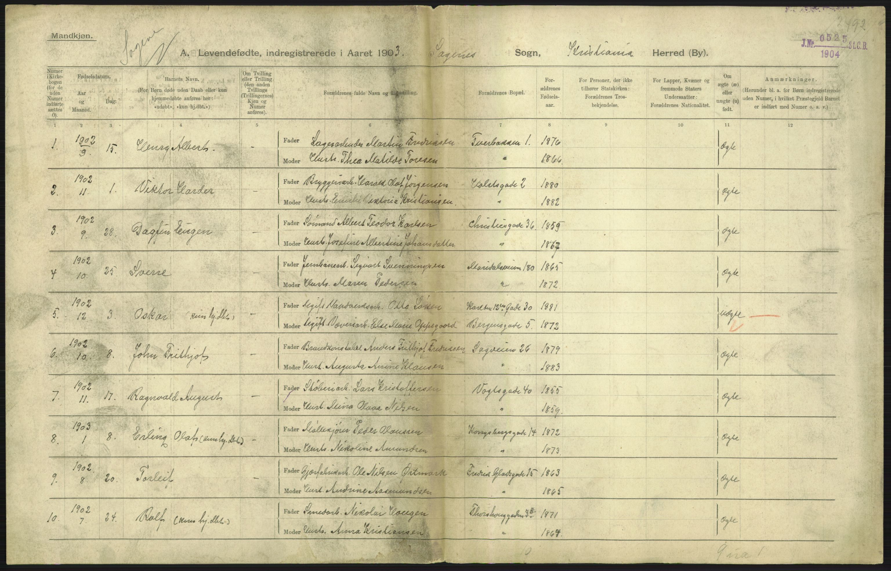 Statistisk sentralbyrå, Sosiodemografiske emner, Befolkning, AV/RA-S-2228/D/Df/Dfa/Dfaa/L0003: Kristiania: Fødte, 1903, p. 89