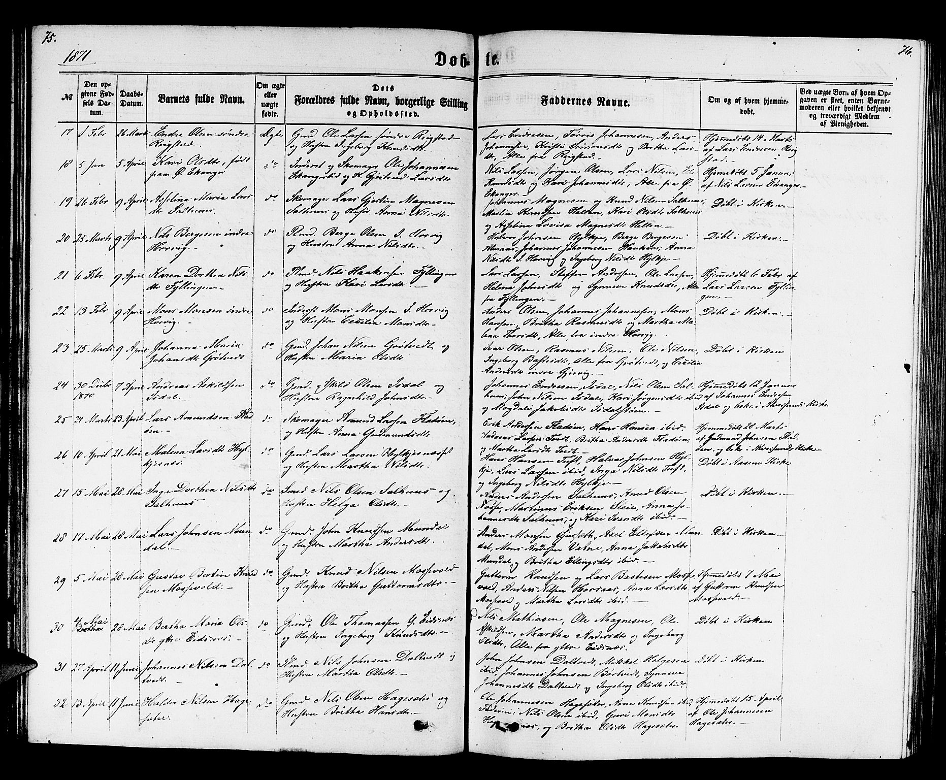 Hamre sokneprestembete, SAB/A-75501/H/Ha/Hab: Parish register (copy) no. B 2, 1863-1880, p. 75-76