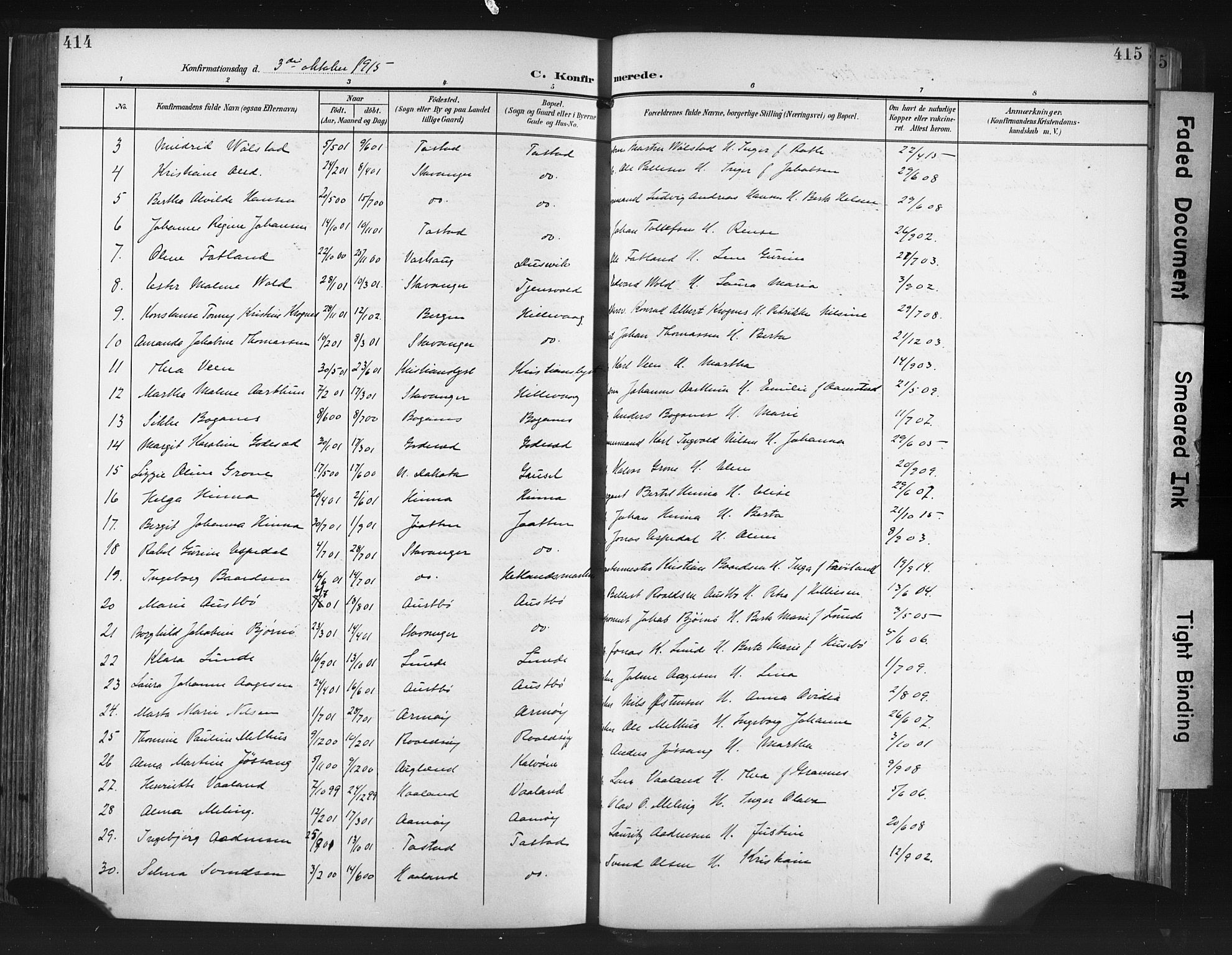 Hetland sokneprestkontor, AV/SAST-A-101826/30/30BA/L0013: Parish register (official) no. A 13, 1904-1918, p. 414-415