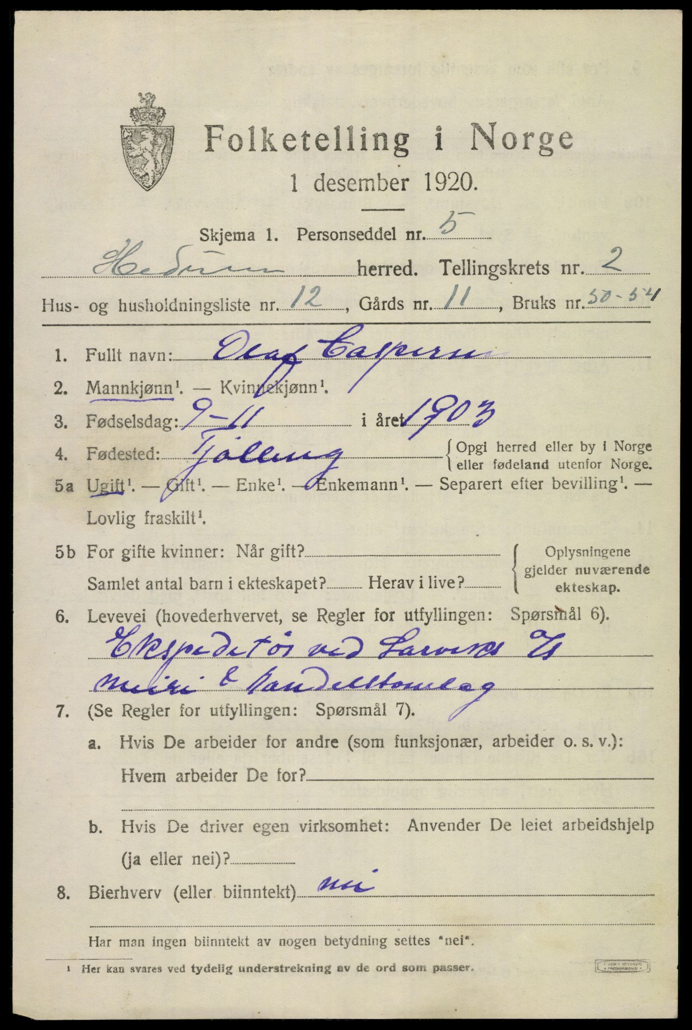 SAKO, 1920 census for Hedrum, 1920, p. 2551