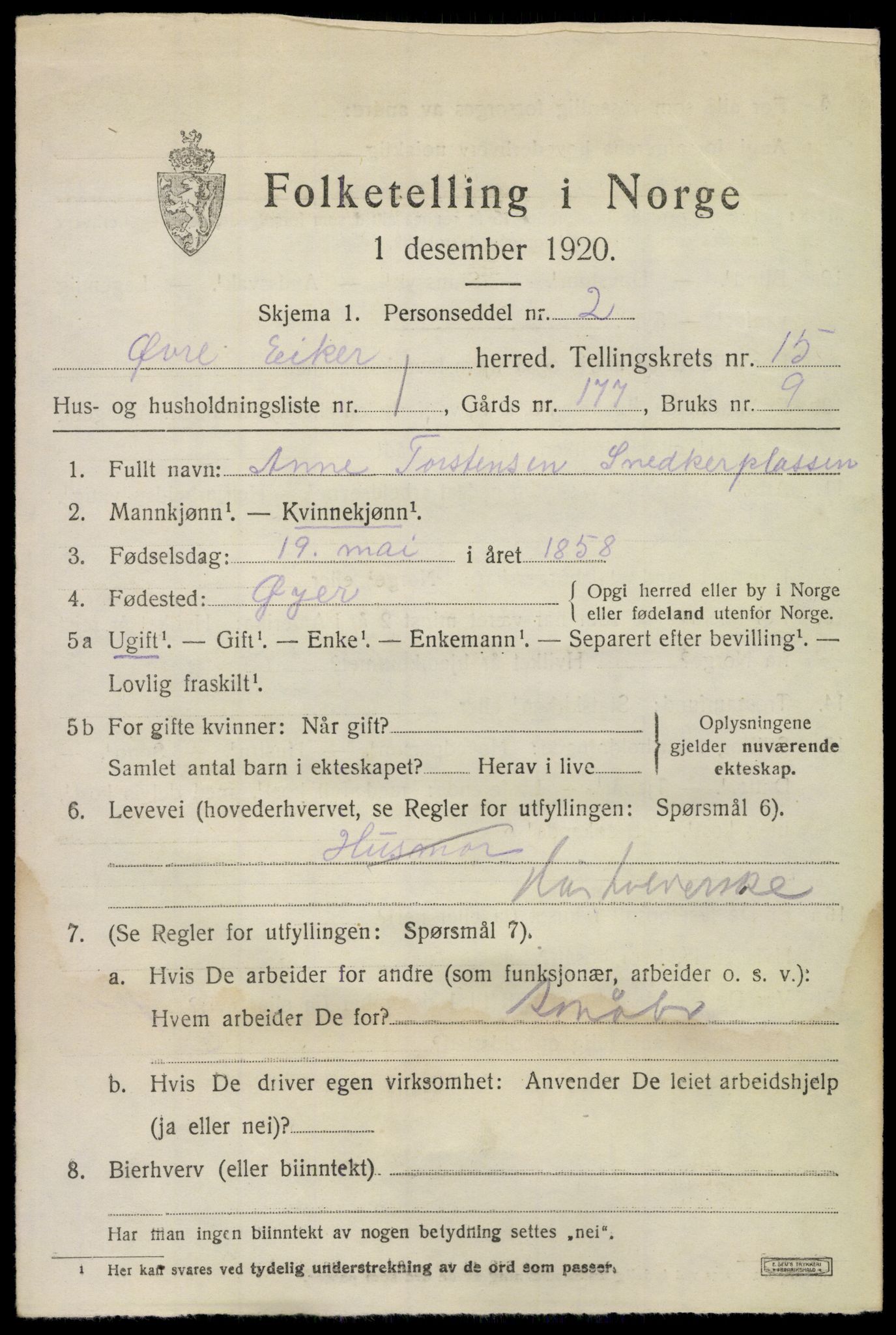 SAKO, 1920 census for Øvre Eiker, 1920, p. 20658