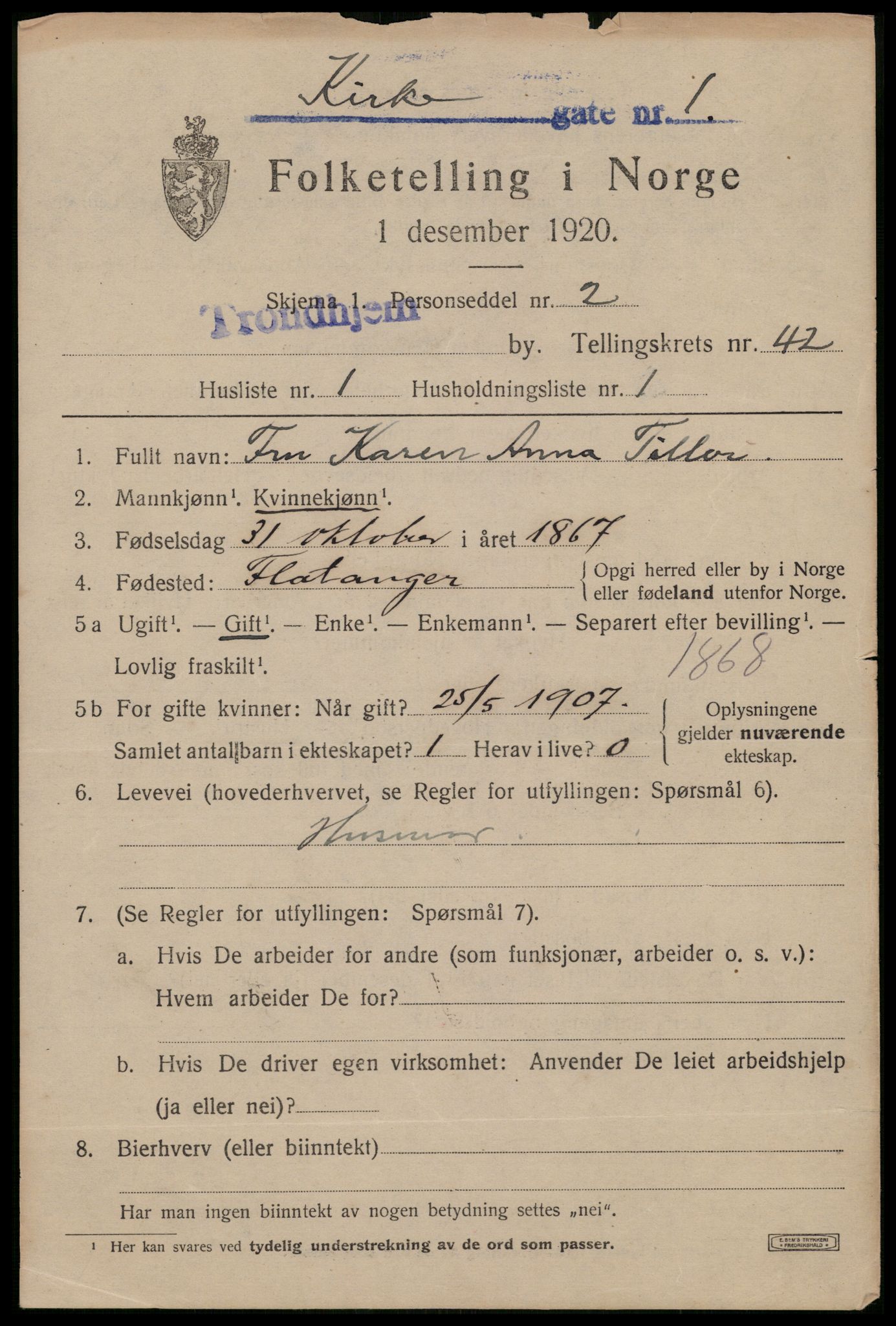 SAT, 1920 census for Trondheim, 1920, p. 92074