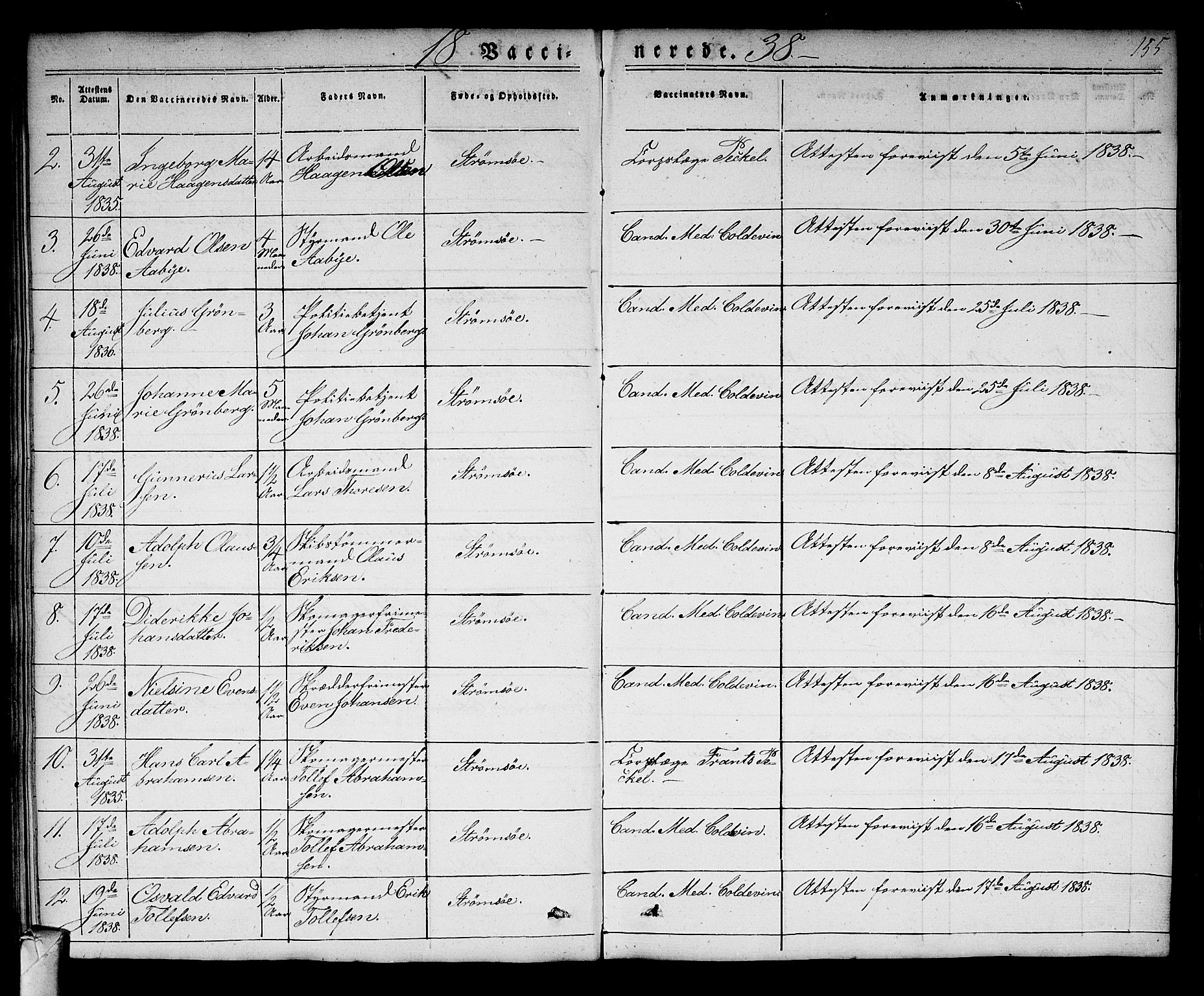 Strømsø kirkebøker, AV/SAKO-A-246/F/Fa/L0013: Parish register (official) no. I 13, 1830-1847, p. 155