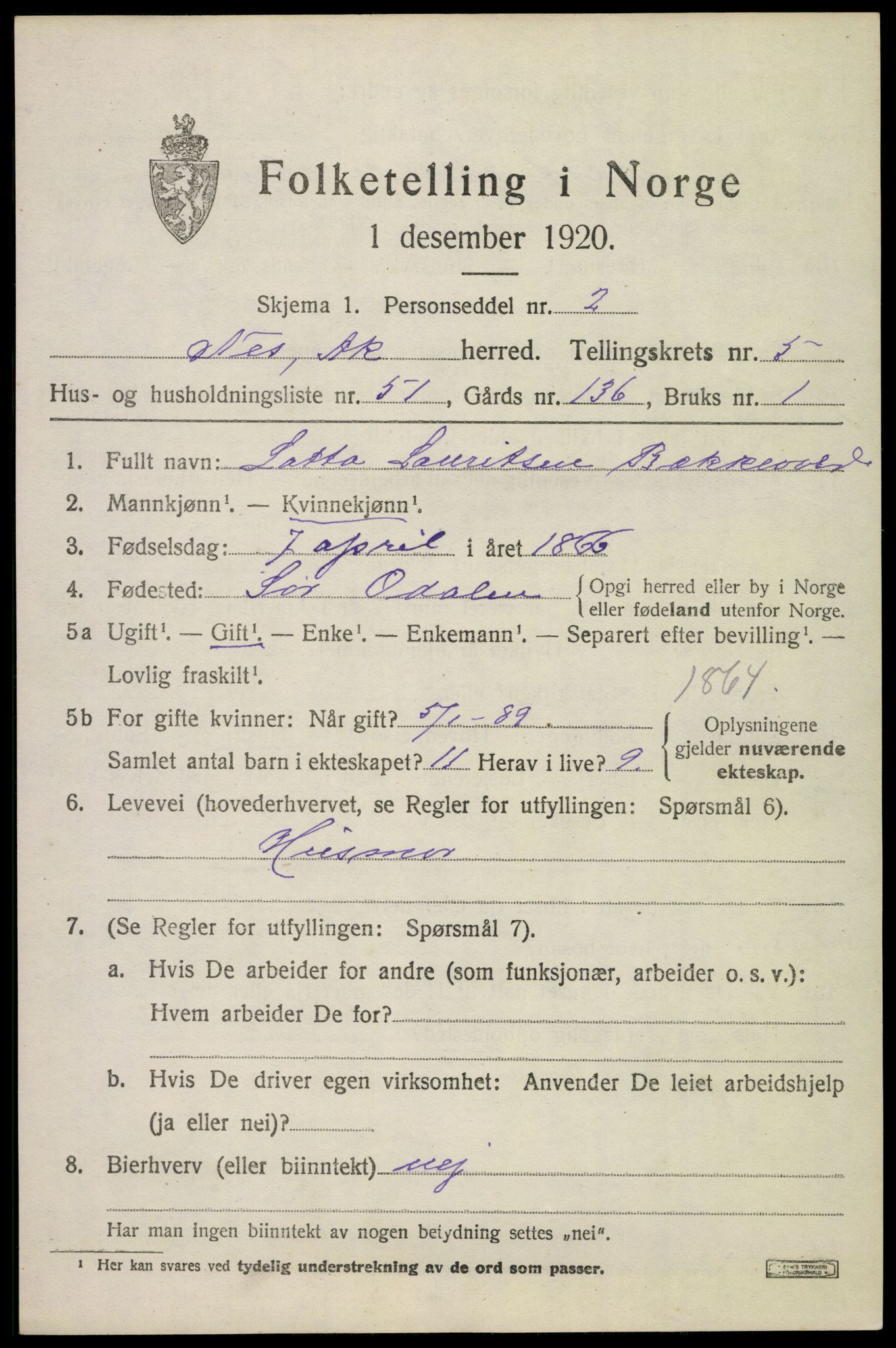 SAO, 1920 census for Nes, 1920, p. 7102