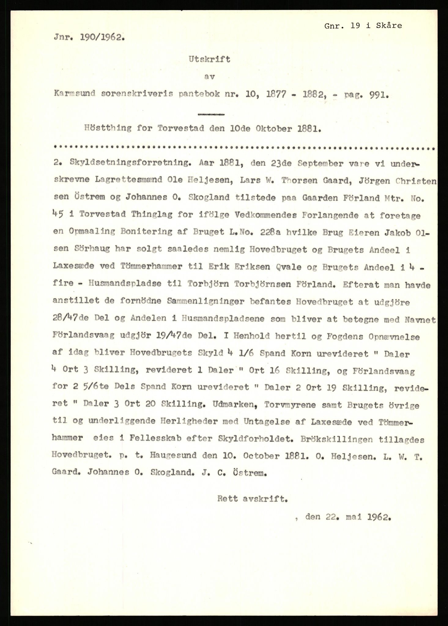 Statsarkivet i Stavanger, AV/SAST-A-101971/03/Y/Yj/L0024: Avskrifter sortert etter gårdsnavn: Fæøen - Garborg, 1750-1930, p. 241