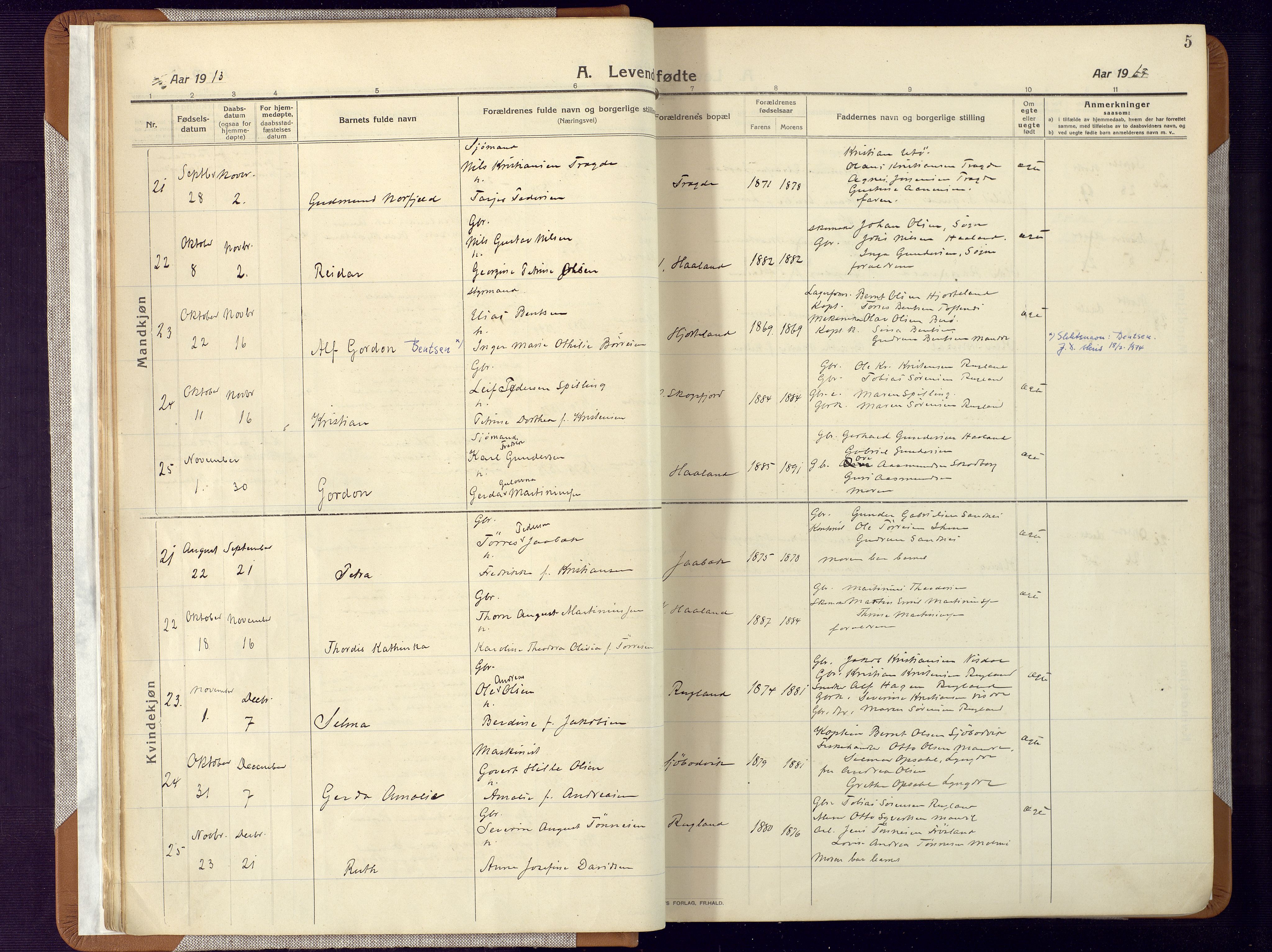 Mandal sokneprestkontor, AV/SAK-1111-0030/F/Fa/Faa/L0022: Parish register (official) no. A 22, 1913-1925, p. 5