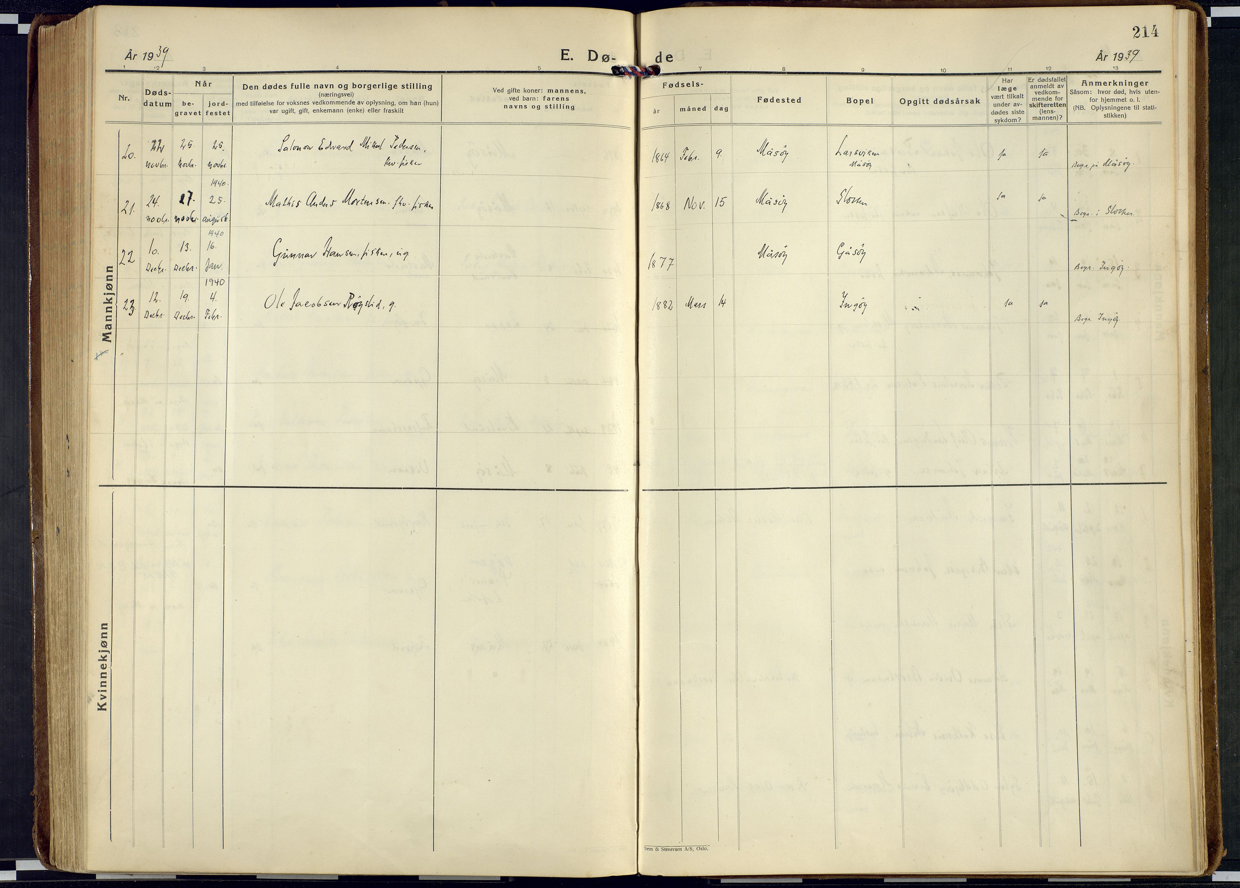 Måsøy sokneprestkontor, AV/SATØ-S-1348/H/Ha/L0011kirke: Parish register (official) no. 11, 1933-1947, p. 214