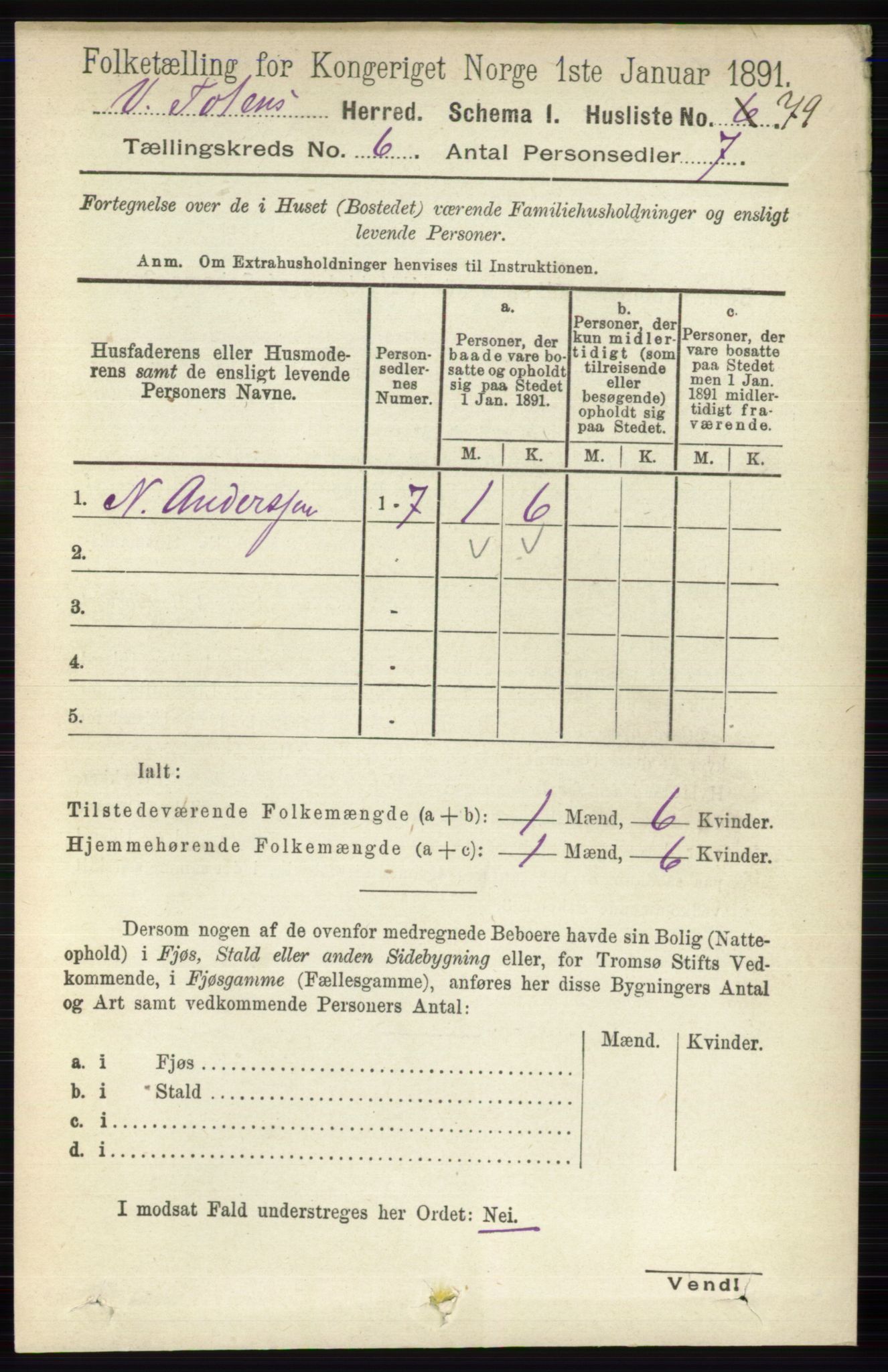 RA, 1891 census for 0529 Vestre Toten, 1891, p. 3812