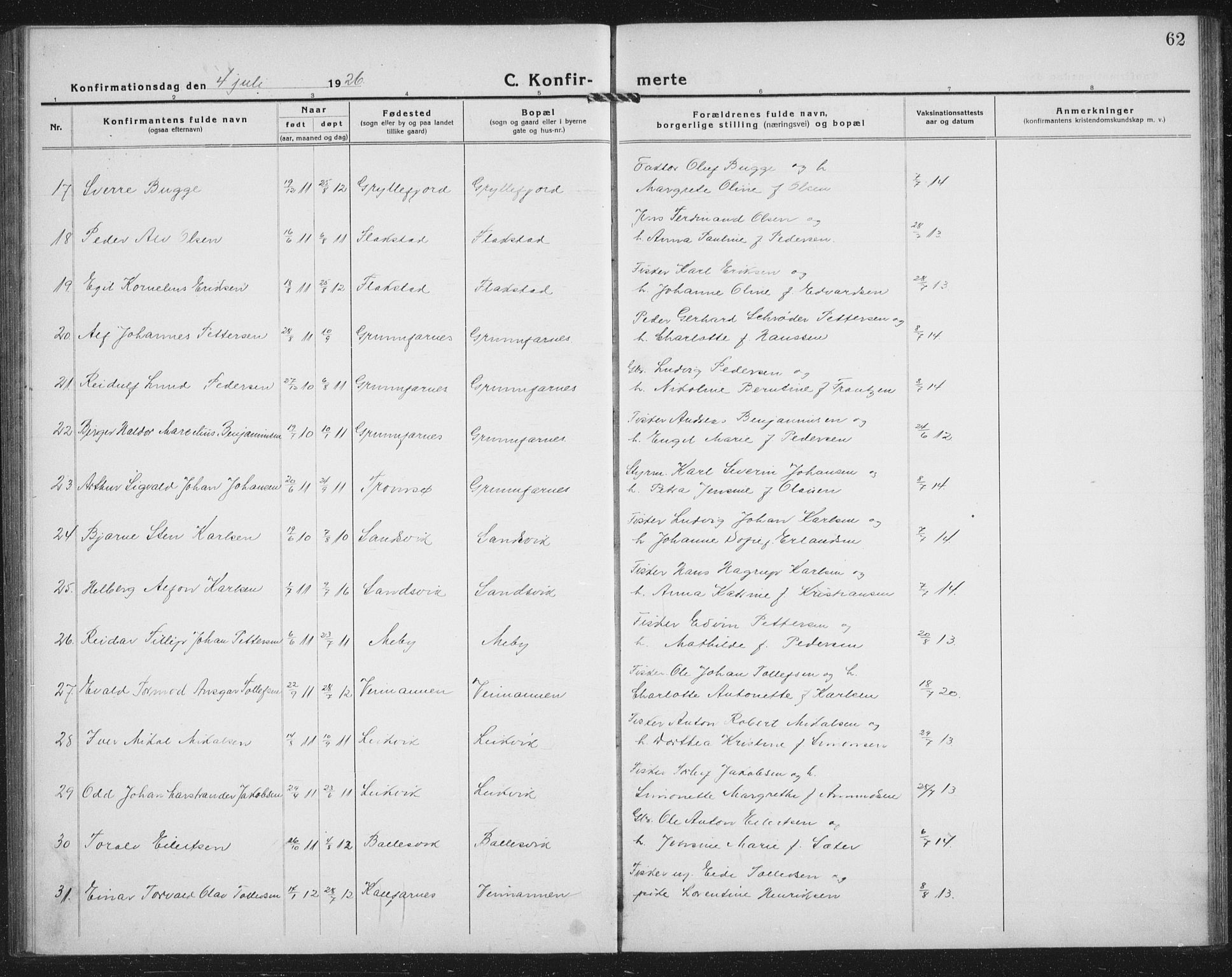 Berg sokneprestkontor, AV/SATØ-S-1318/G/Ga/Gab/L0014klokker: Parish register (copy) no. 14, 1922-1933, p. 62