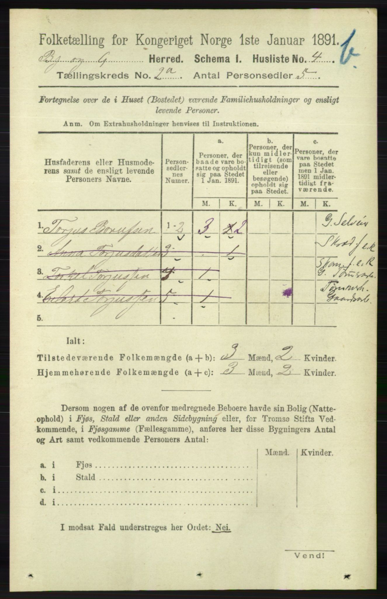 RA, 1891 census for 1024 Bjelland og Grindheim, 1891, p. 247