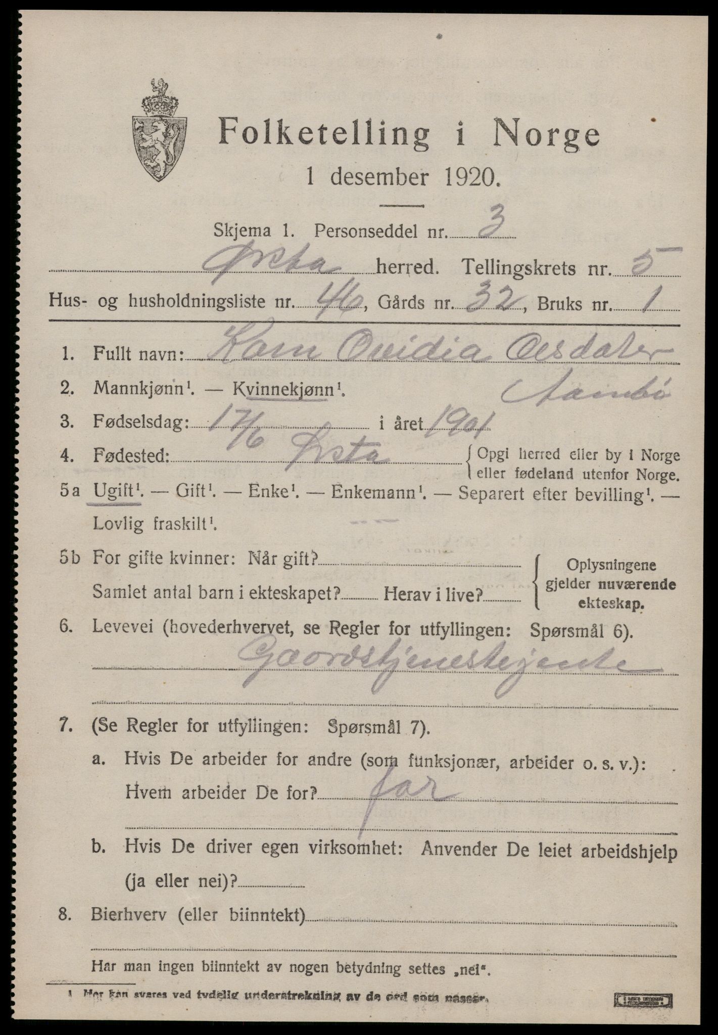 SAT, 1920 census for Ørsta, 1920, p. 4760