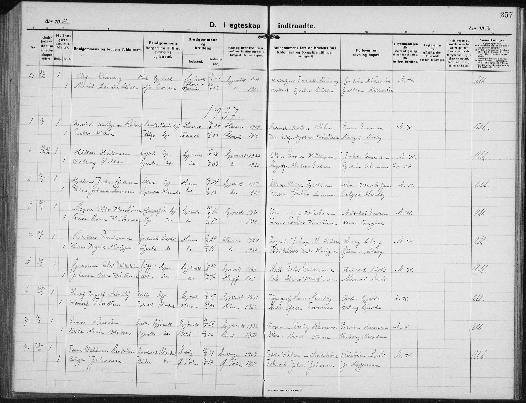 Vardal prestekontor, SAH/PREST-100/H/Ha/Hab/L0017: Parish register (copy) no. 17, 1922-1941, p. 257