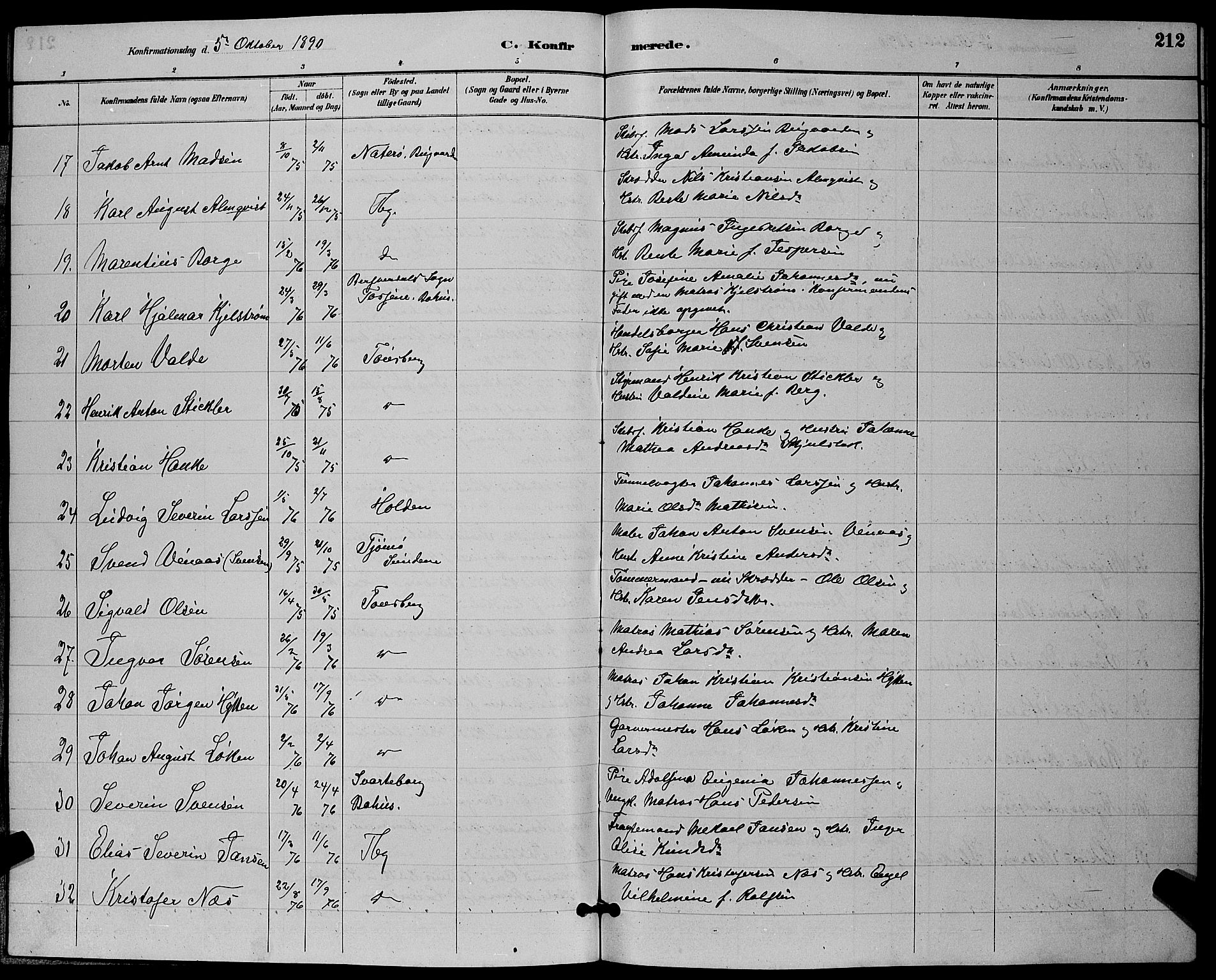 Tønsberg kirkebøker, AV/SAKO-A-330/G/Ga/L0006: Parish register (copy) no. 6, 1885-1895, p. 212