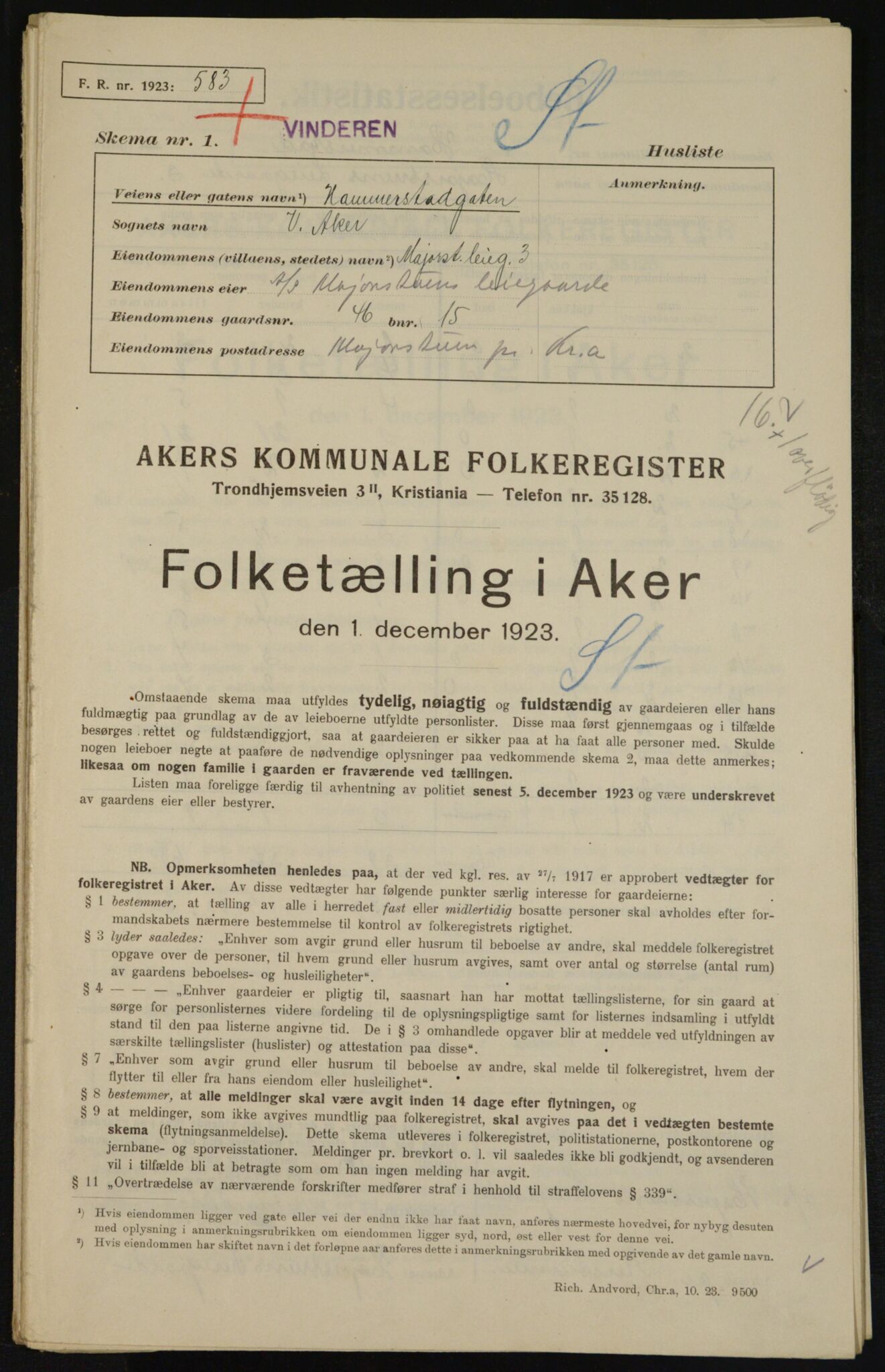 , Municipal Census 1923 for Aker, 1923, p. 11011