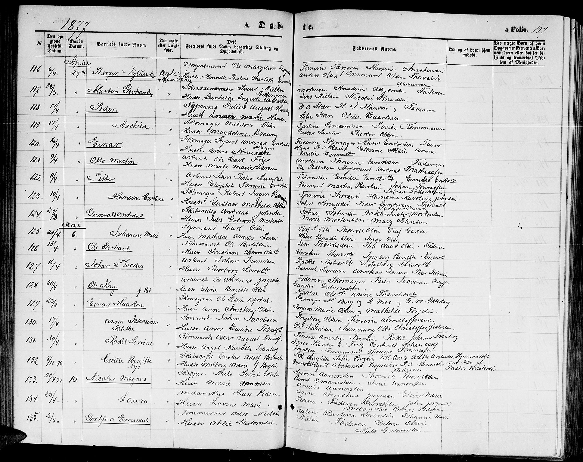 Kristiansand domprosti, AV/SAK-1112-0006/F/Fb/L0013: Parish register (copy) no. B 13, 1871-1880, p. 127