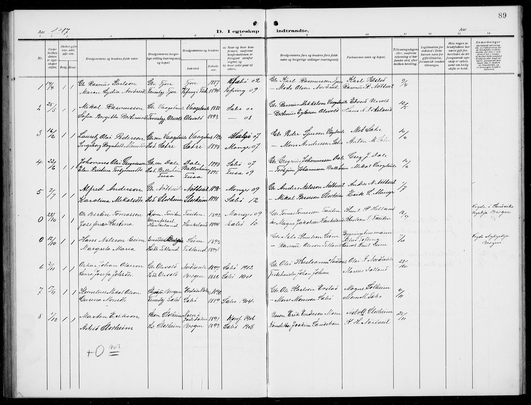 Manger sokneprestembete, AV/SAB-A-76801/H/Hab: Parish register (copy) no. D  4, 1910-1935, p. 89