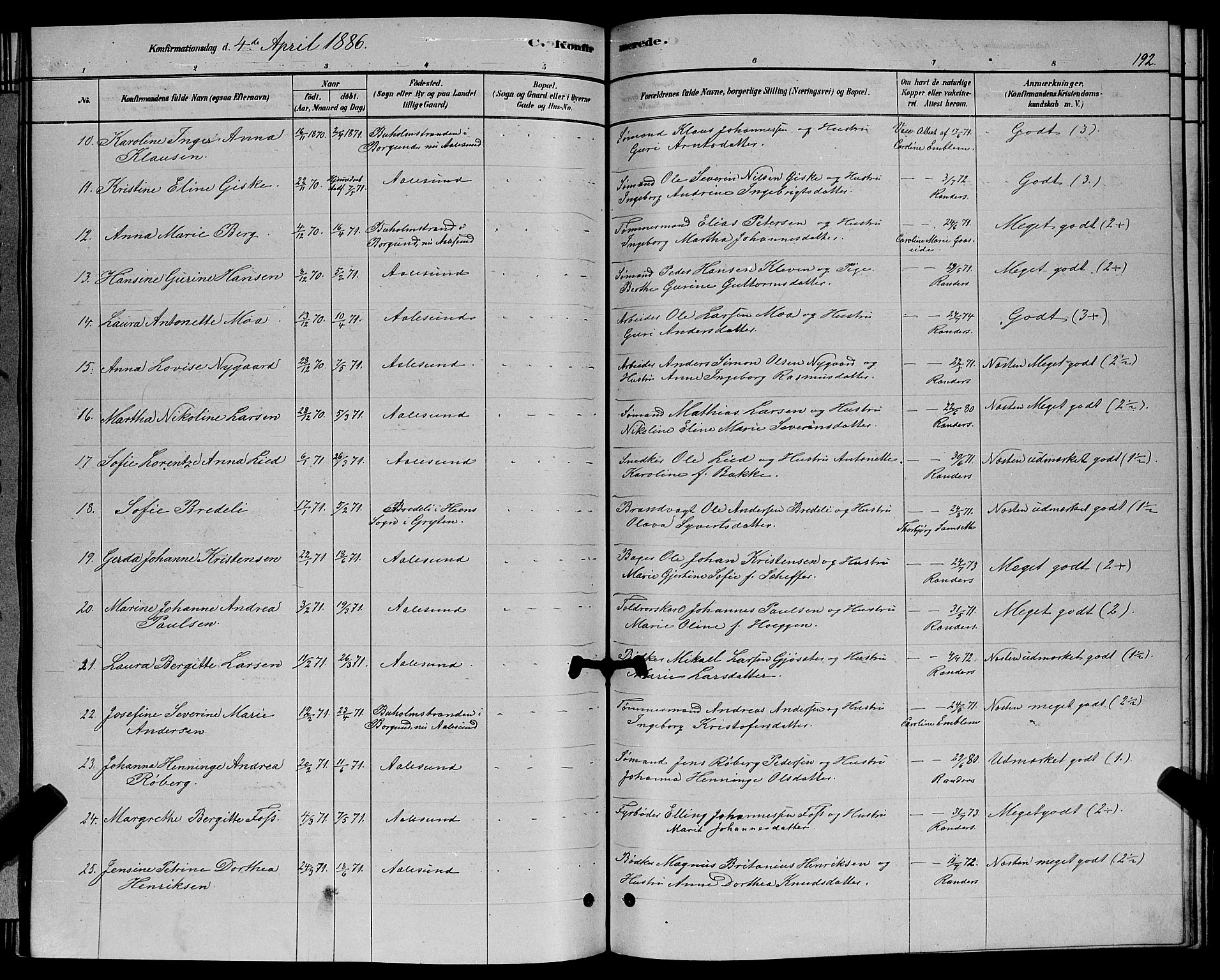 Ministerialprotokoller, klokkerbøker og fødselsregistre - Møre og Romsdal, AV/SAT-A-1454/529/L0466: Parish register (copy) no. 529C03, 1878-1888, p. 192