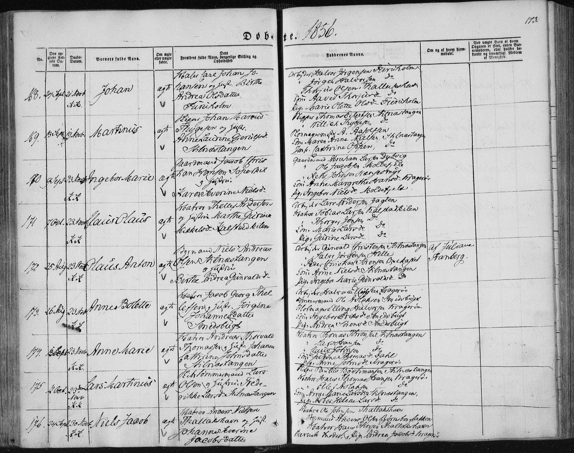 Sannidal kirkebøker, AV/SAKO-A-296/F/Fa/L0008: Parish register (official) no. 8, 1847-1862, p. 173