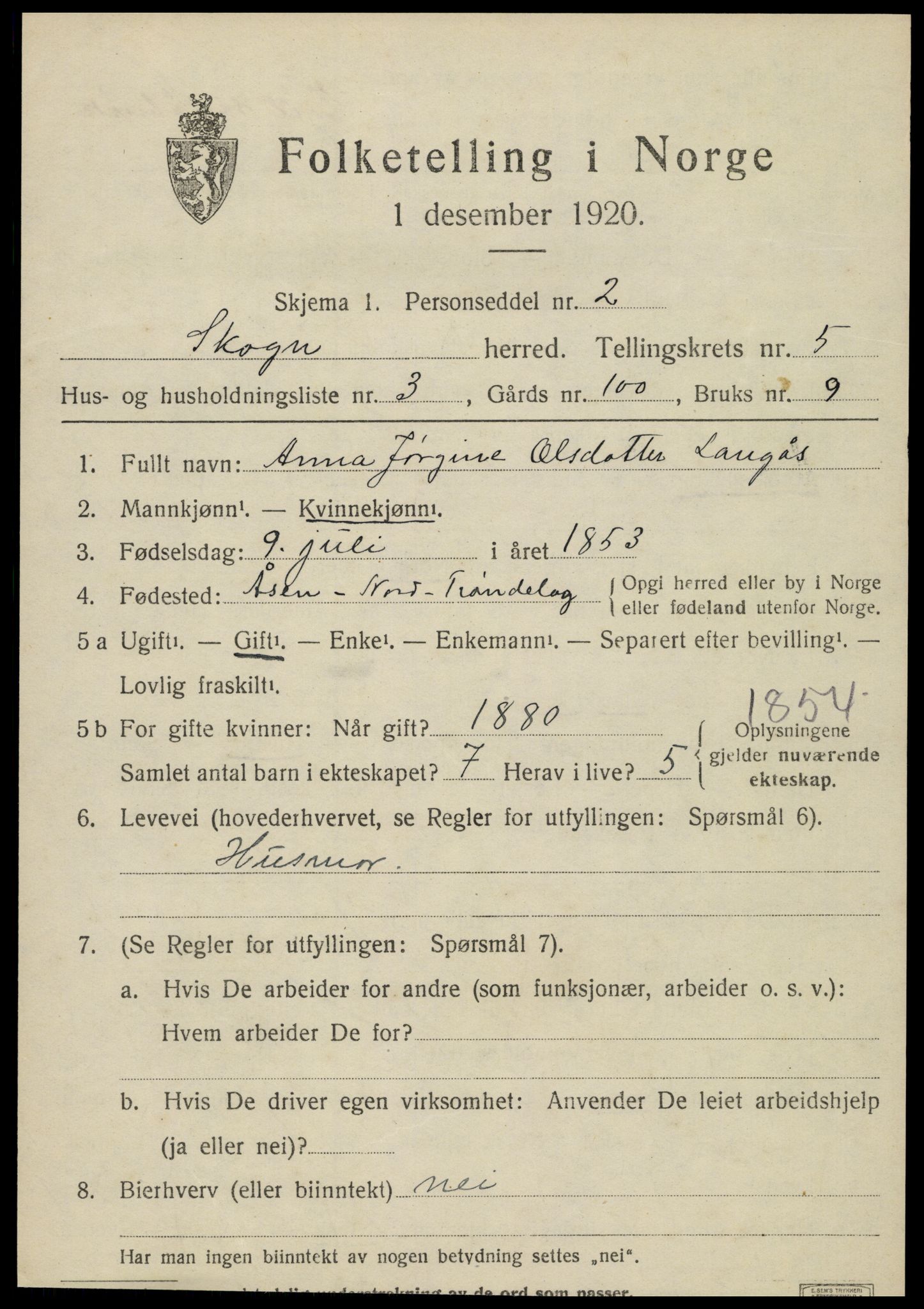 SAT, 1920 census for Skogn, 1920, p. 6503