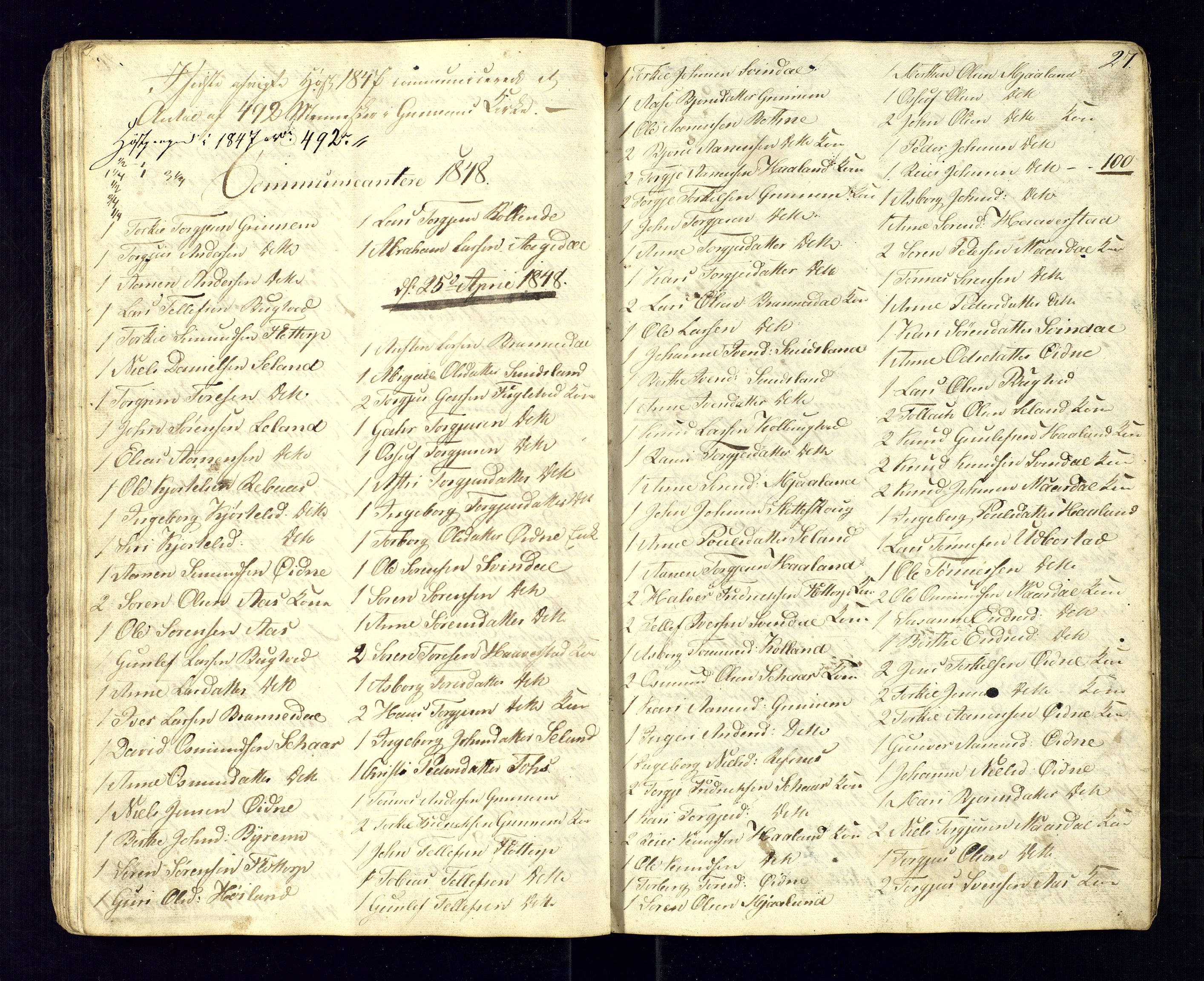 Bjelland sokneprestkontor, AV/SAK-1111-0005/F/Fc/Fcc/L0002: Communicants register no. C-2, 1842-1852, p. 27