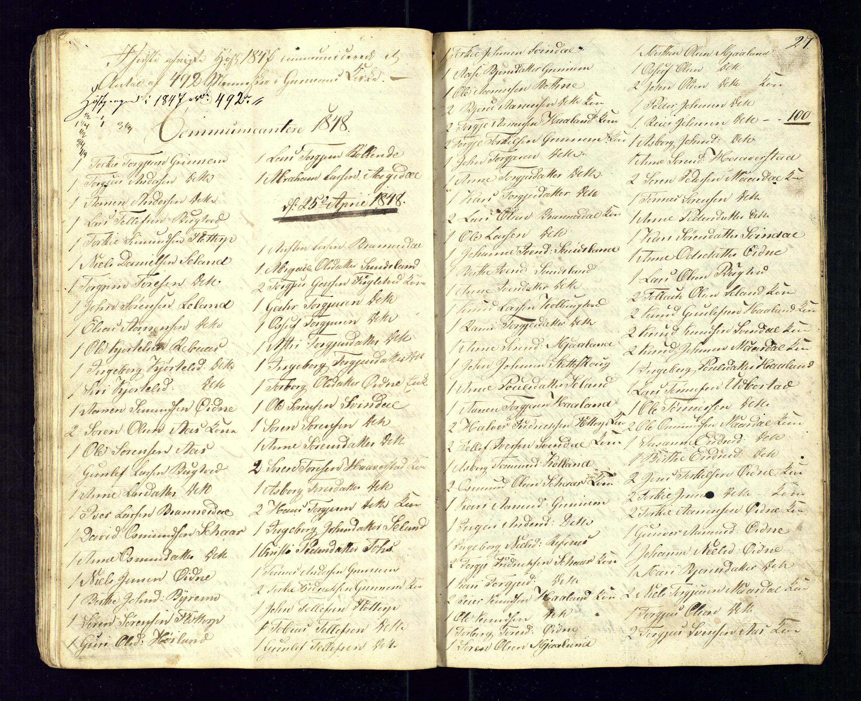 Bjelland sokneprestkontor, SAK/1111-0005/F/Fc/Fcc/L0002: Communicants register no. C-2, 1842-1852, p. 27