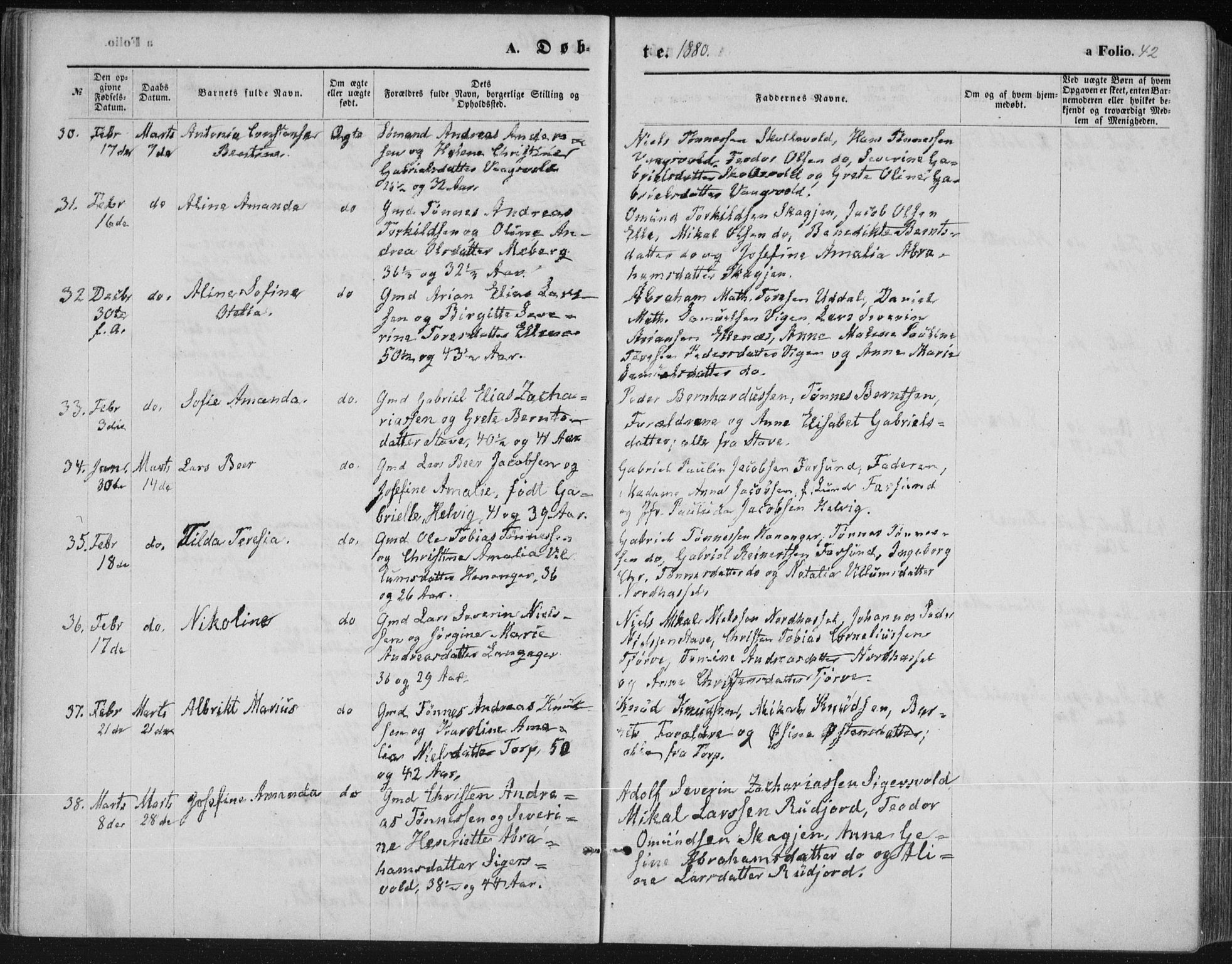 Lista sokneprestkontor, AV/SAK-1111-0027/F/Fb/L0004: Parish register (copy) no. B 4, 1877-1891, p. 42