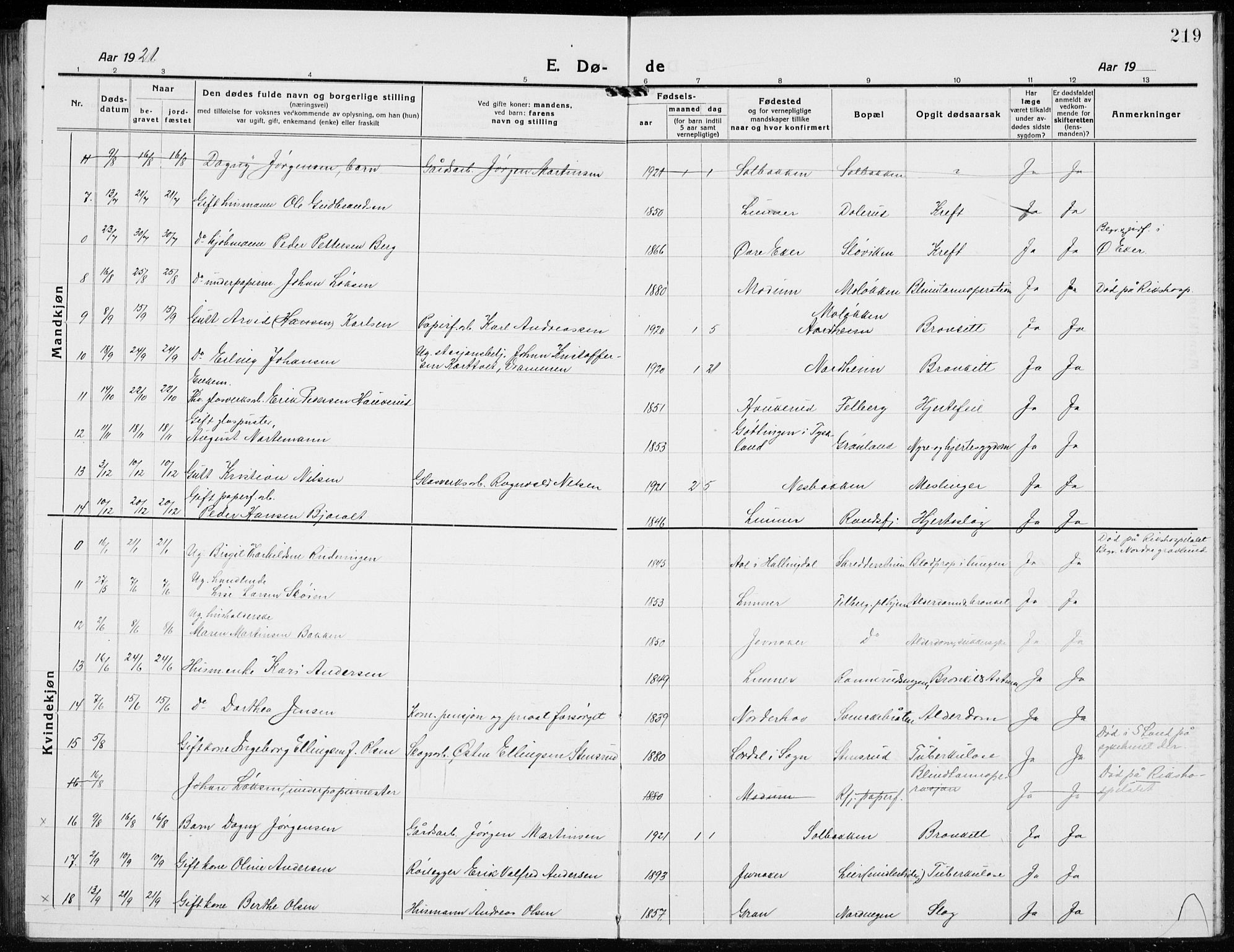Jevnaker prestekontor, SAH/PREST-116/H/Ha/Hab/L0005: Parish register (copy) no. 5, 1919-1934, p. 219