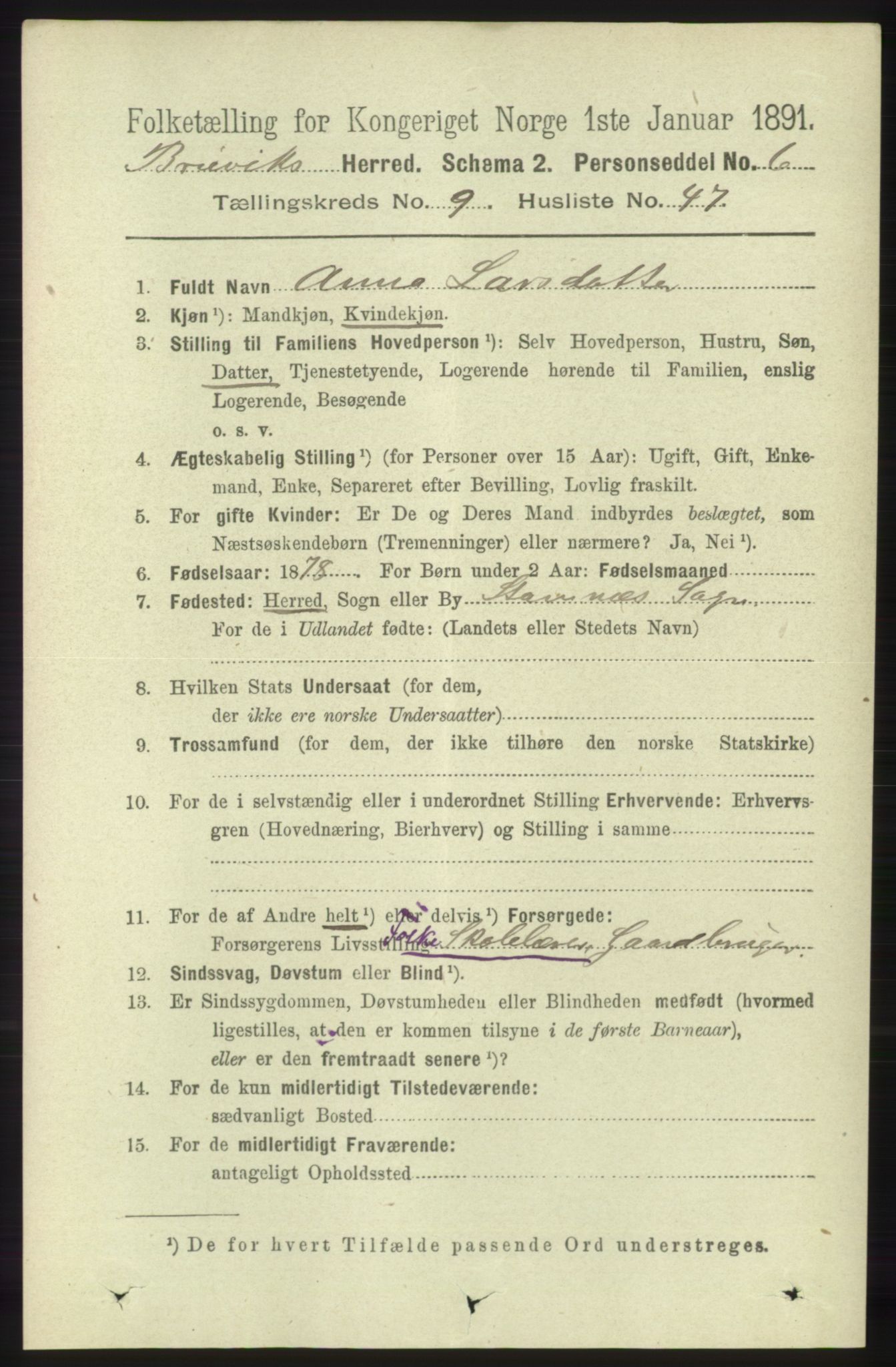 RA, 1891 census for 1251 Bruvik, 1891, p. 3584
