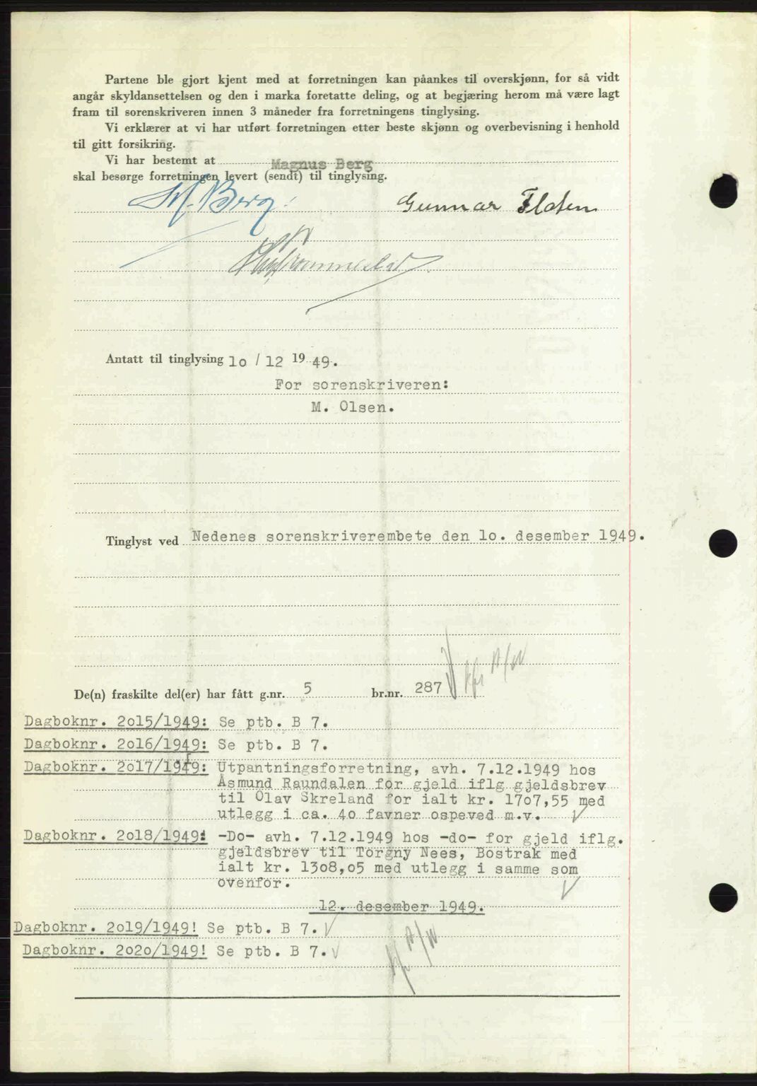 Nedenes sorenskriveri, AV/SAK-1221-0006/G/Gb/Gba/L0061: Mortgage book no. A13, 1949-1949, Diary no: : 2014/1949