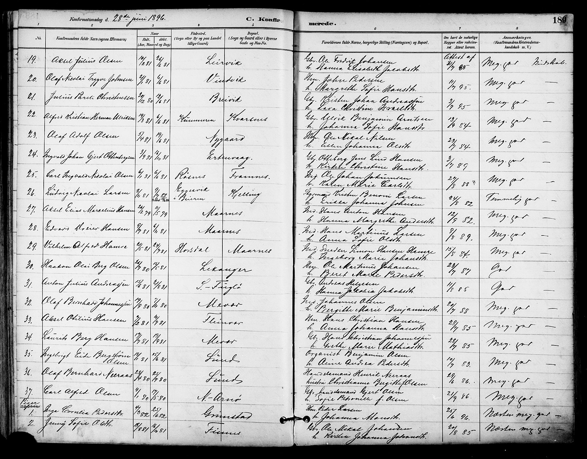 Ministerialprotokoller, klokkerbøker og fødselsregistre - Nordland, AV/SAT-A-1459/805/L0101: Parish register (official) no. 805A07, 1892-1899, p. 189