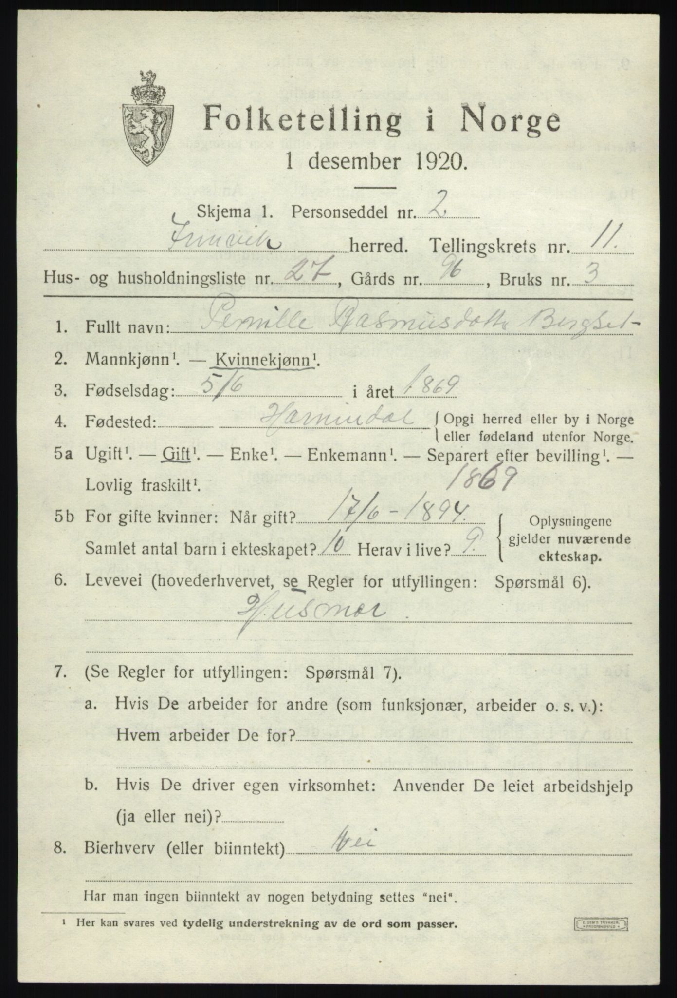 SAB, 1920 census for Innvik, 1920, p. 4867