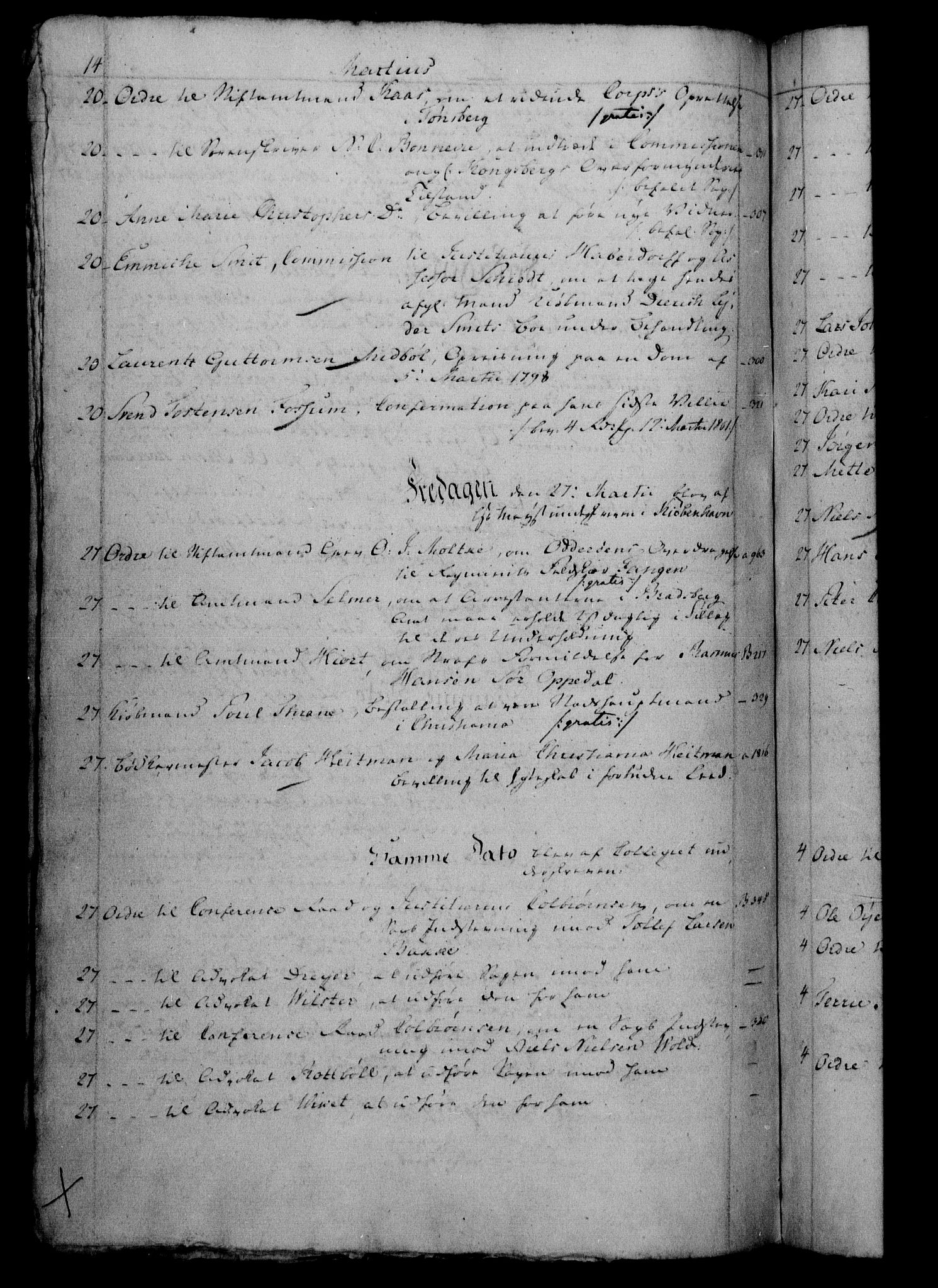 Danske Kanselli 1800-1814, RA/EA-3024/H/Hf/Hfb/Hfbc/L0002: Underskrivelsesbok m. register, 1801, p. 14