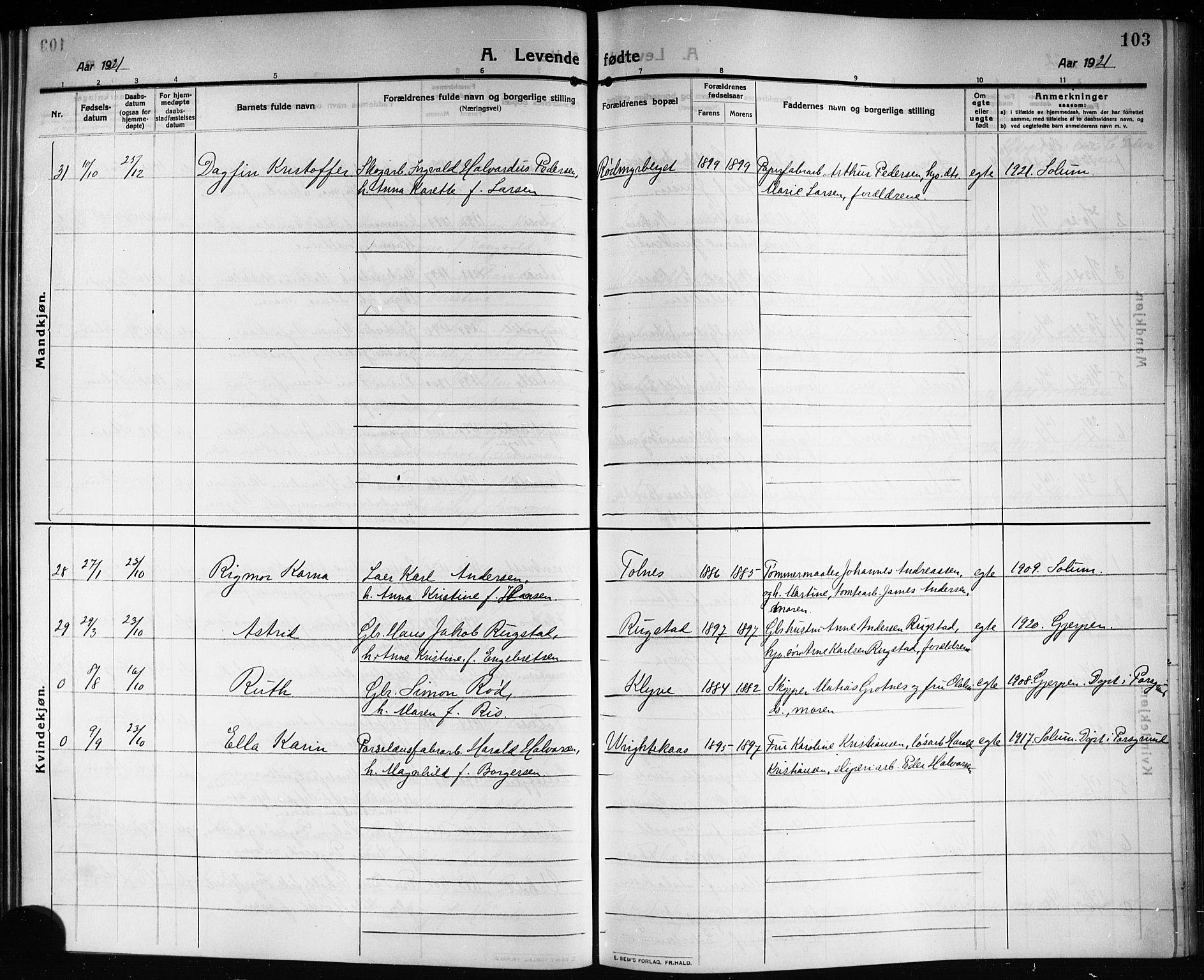 Solum kirkebøker, SAKO/A-306/G/Ga/L0009: Parish register (copy) no. I 9, 1909-1922, p. 103