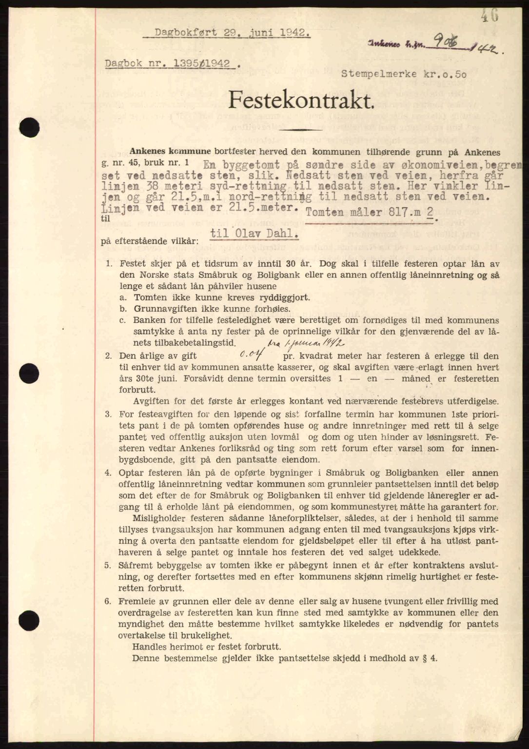 Steigen og Ofoten sorenskriveri, AV/SAT-A-0030/1/2/2C: Mortgage book no. A9-12, 1942-1946, Diary no: : 1395/1942