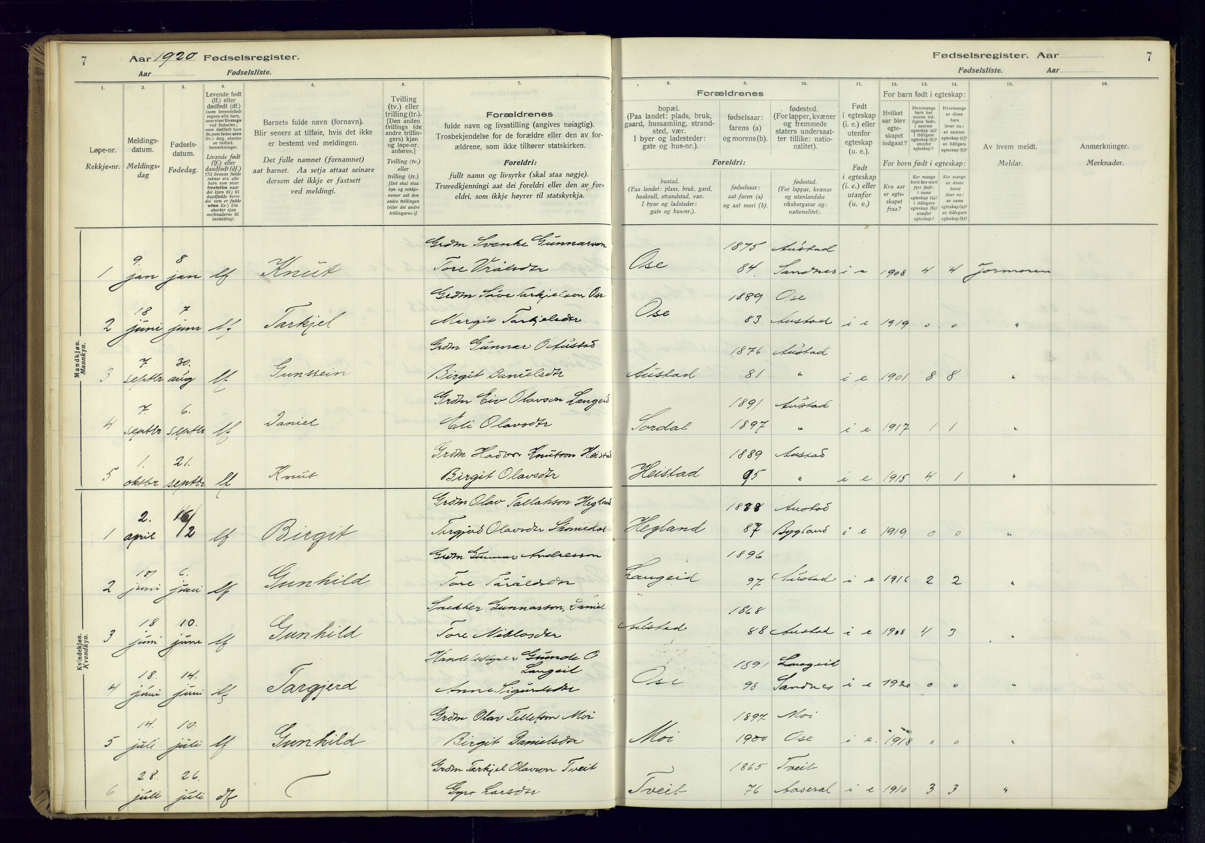 Bygland sokneprestkontor, SAK/1111-0006/J/Ja/L0002: Birth register no. II.4.3, 1916-1982, p. 7