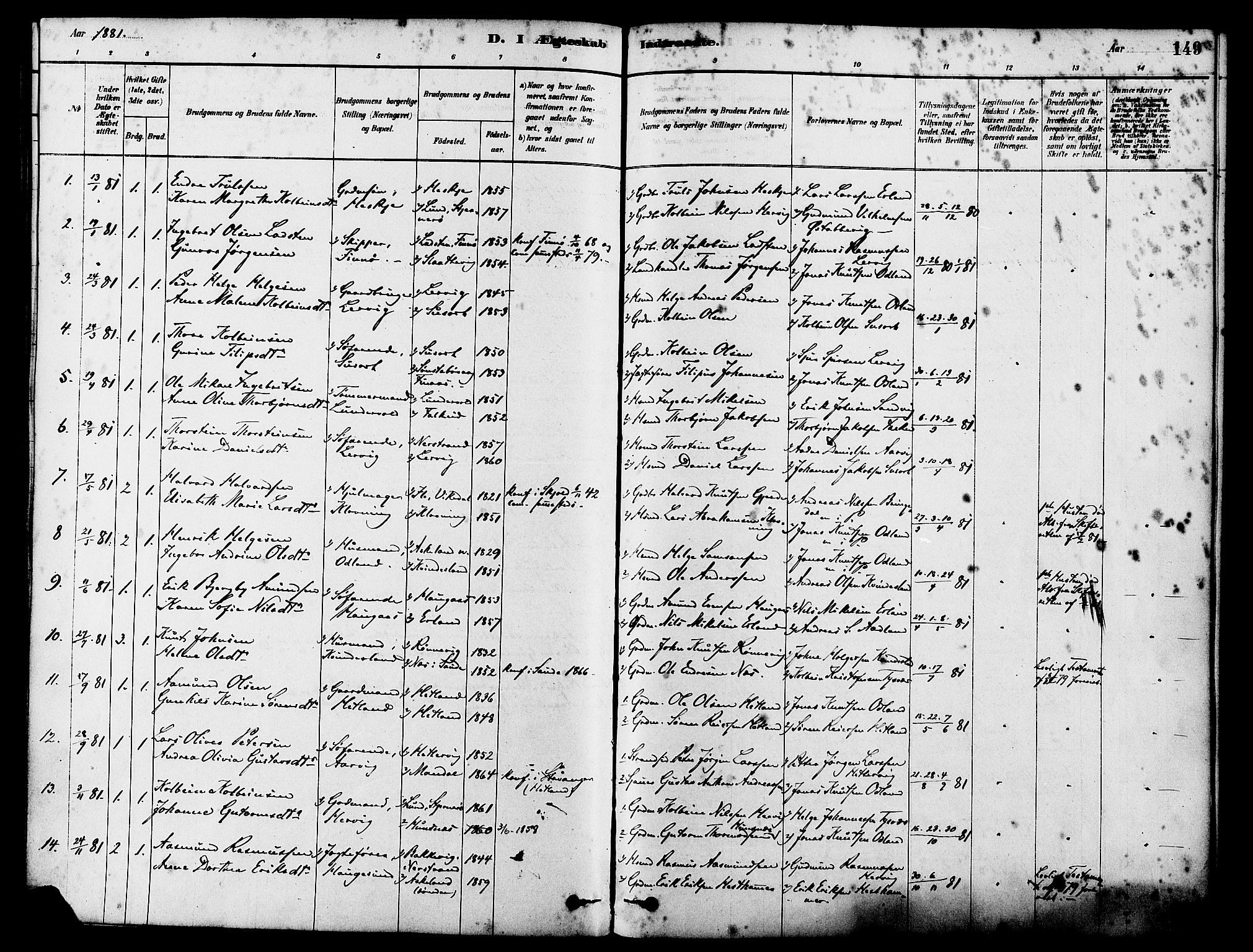 Tysvær sokneprestkontor, AV/SAST-A -101864/H/Ha/Haa/L0006: Parish register (official) no. A 6, 1878-1896, p. 149