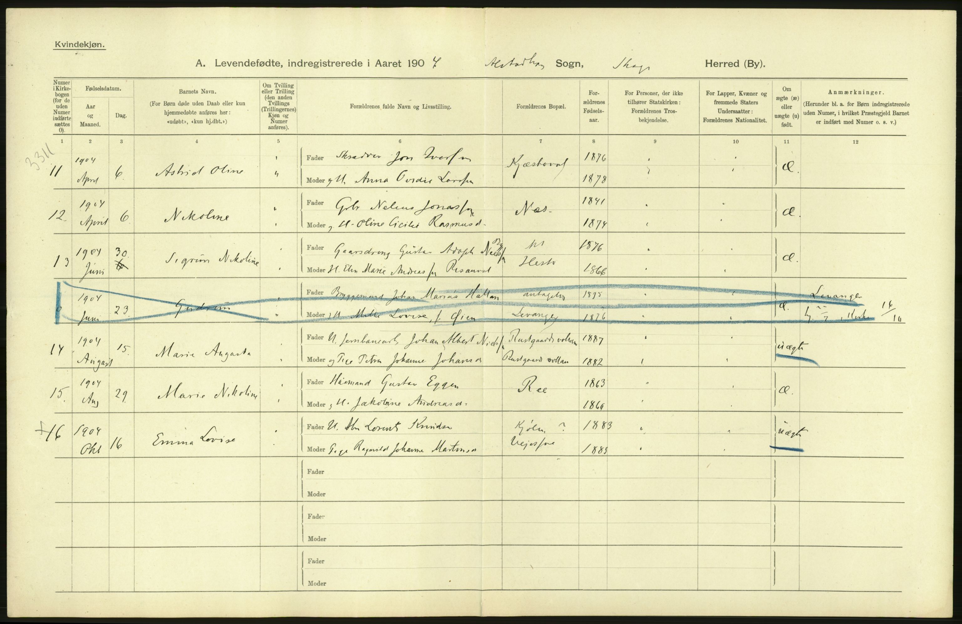 Statistisk sentralbyrå, Sosiodemografiske emner, Befolkning, AV/RA-S-2228/D/Df/Dfa/Dfab/L0019: Nordre Trondhjems amt: Fødte, gifte, døde, 1904, p. 122