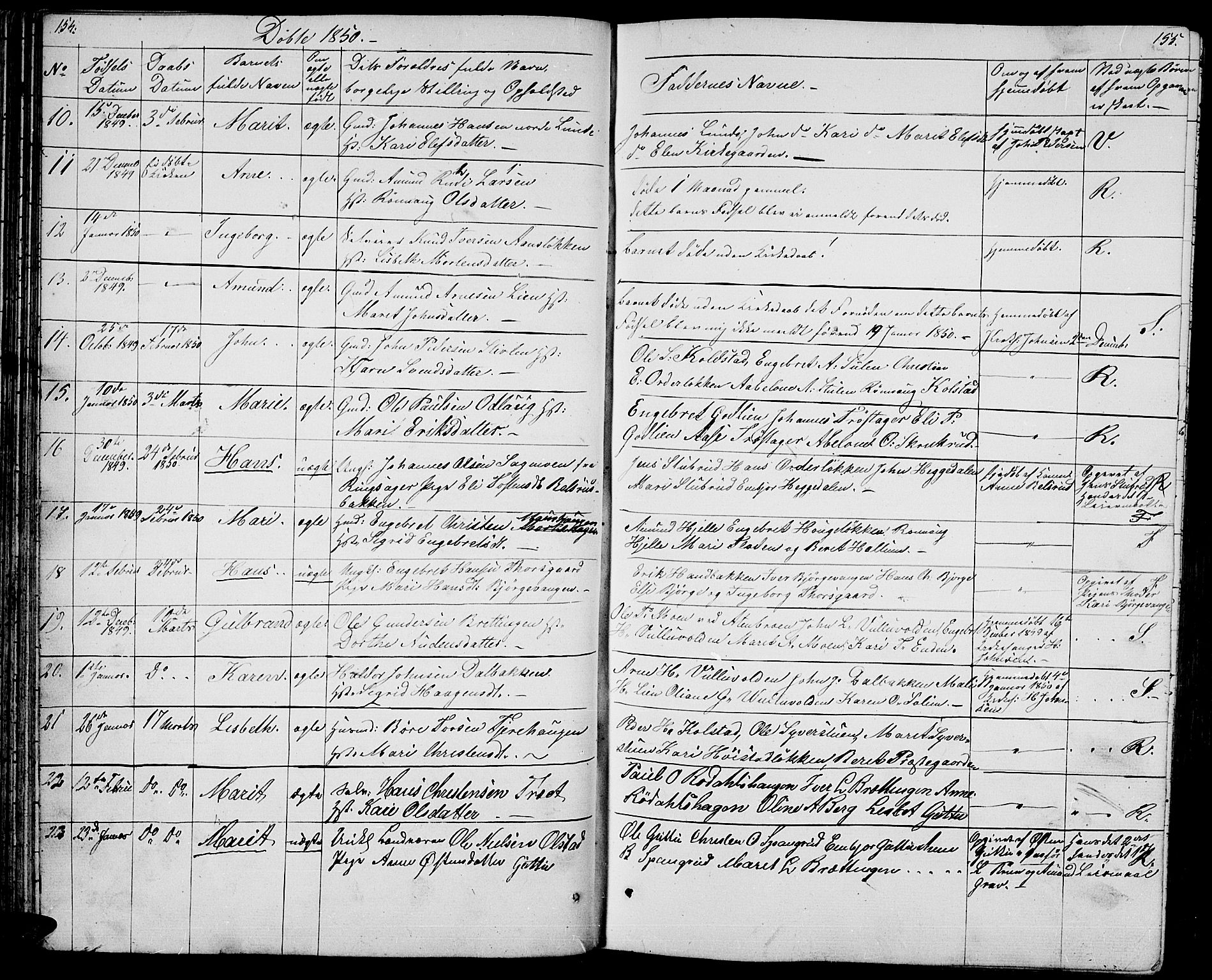 Ringebu prestekontor, SAH/PREST-082/H/Ha/Hab/L0002: Parish register (copy) no. 2, 1839-1853, p. 154-155