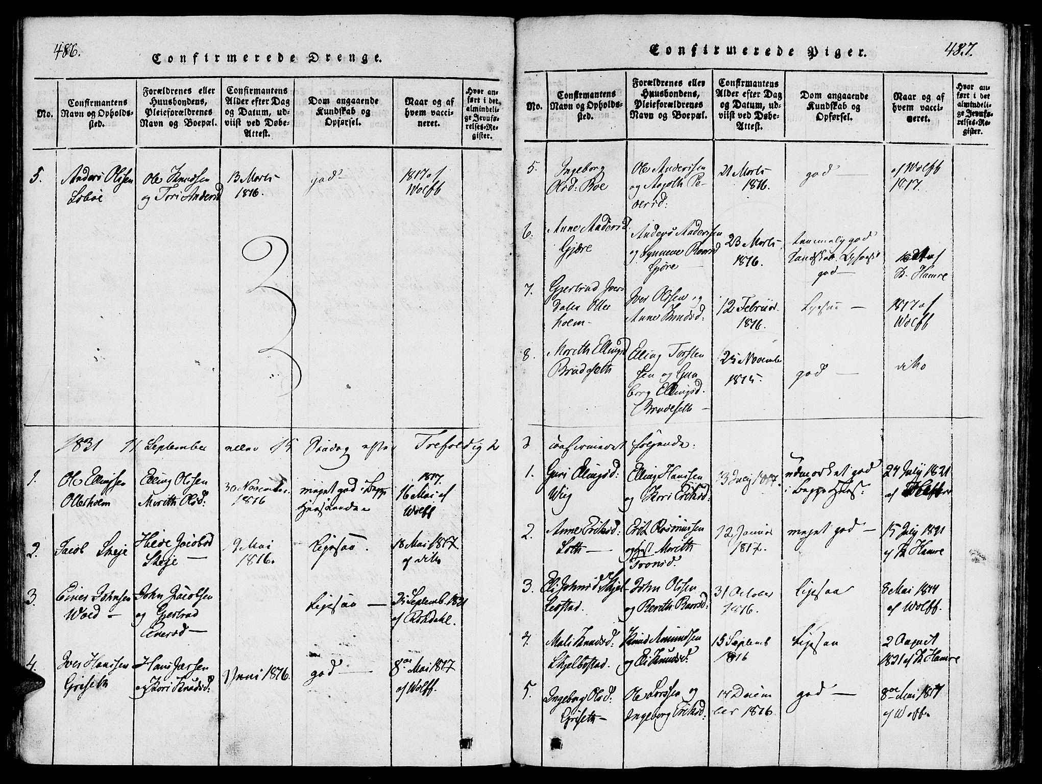 Ministerialprotokoller, klokkerbøker og fødselsregistre - Møre og Romsdal, SAT/A-1454/543/L0561: Parish register (official) no. 543A01, 1818-1853, p. 486-487