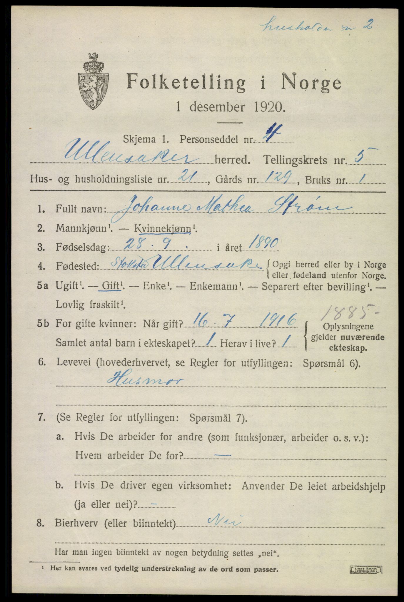 SAO, 1920 census for Ullensaker, 1920, p. 9295