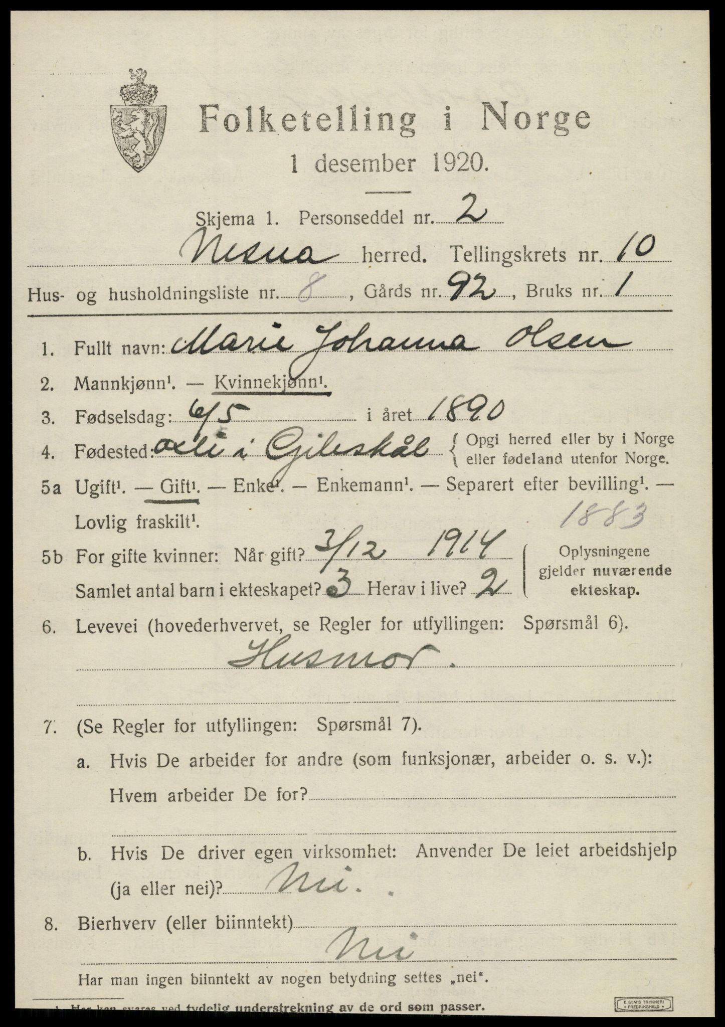 SAT, 1920 census for Nesna, 1920, p. 8047