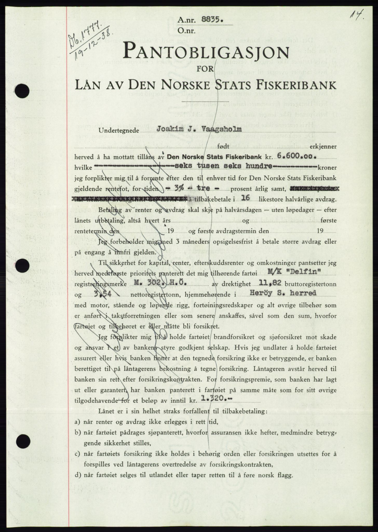 Søre Sunnmøre sorenskriveri, AV/SAT-A-4122/1/2/2C/L0067: Mortgage book no. 61, 1938-1939, Diary no: : 1777/1938