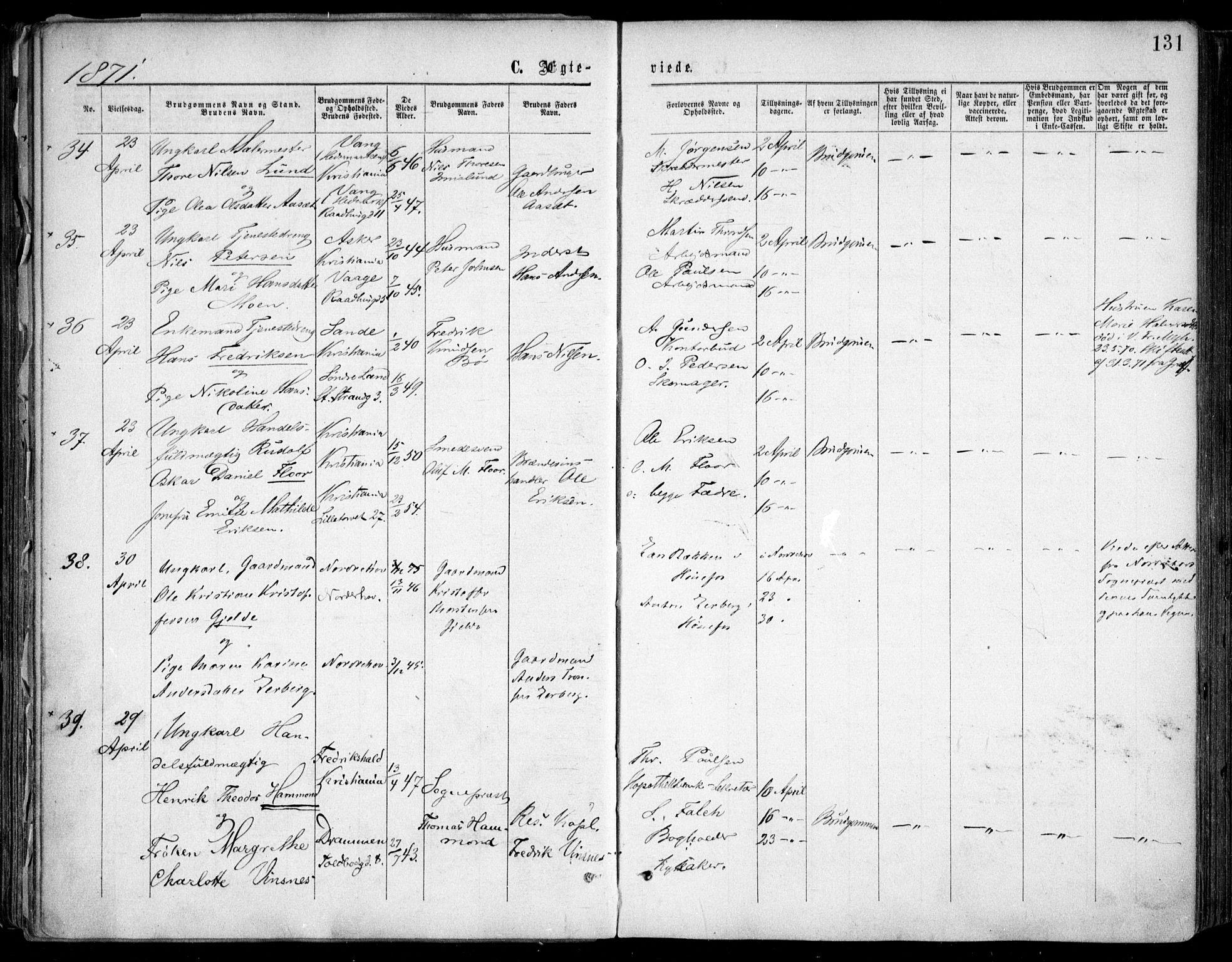 Oslo domkirke Kirkebøker, SAO/A-10752/F/Fa/L0021: Parish register (official) no. 21, 1865-1884, p. 131