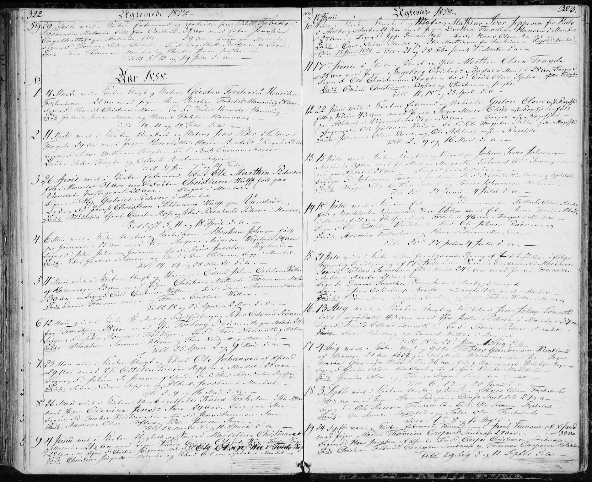 Mandal sokneprestkontor, SAK/1111-0030/F/Fb/Fba/L0008: Parish register (copy) no. B 2, 1854-1868, p. 322-323