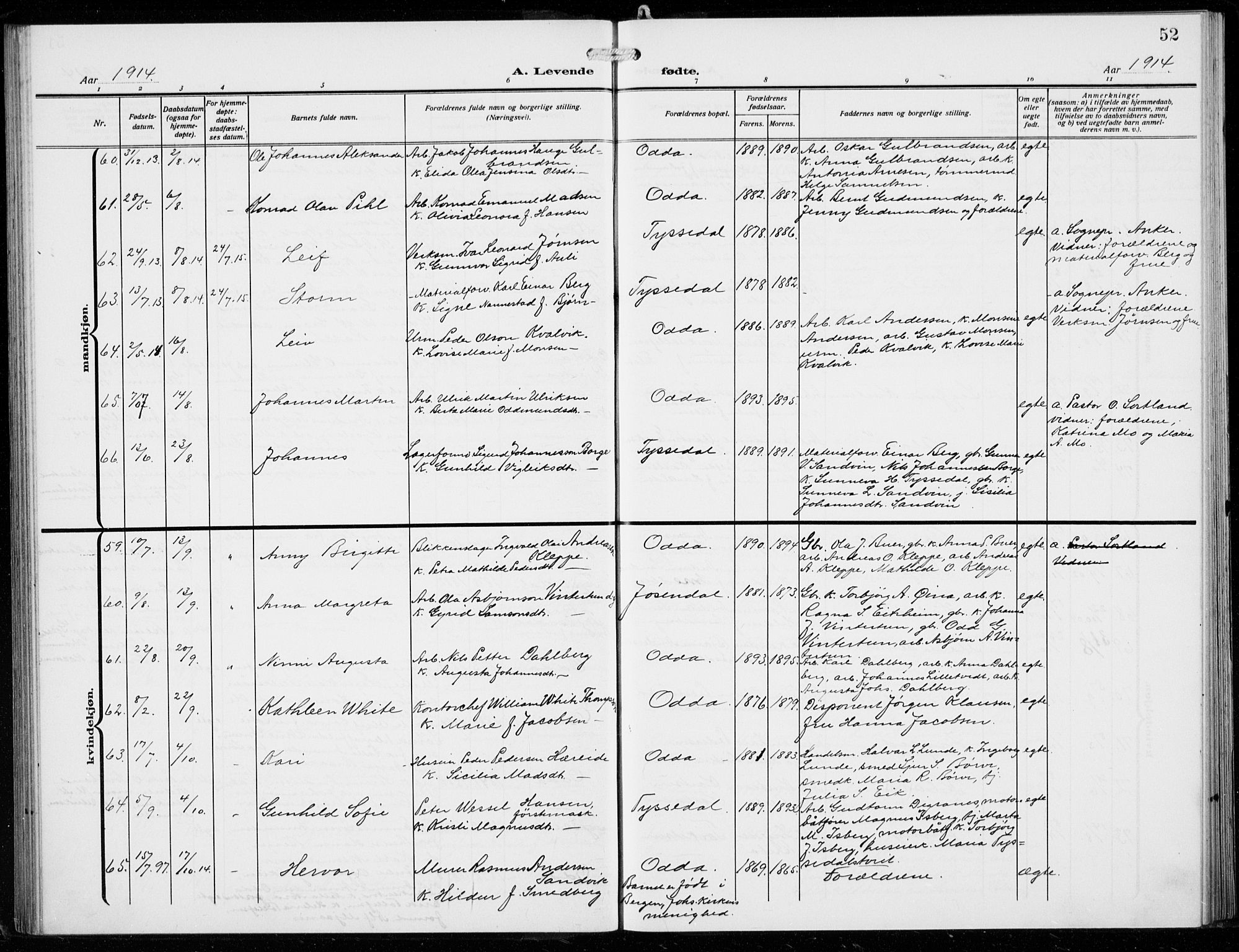 Odda Sokneprestembete, AV/SAB-A-77201/H/Hab: Parish register (copy) no. B  2, 1910-1923, p. 52